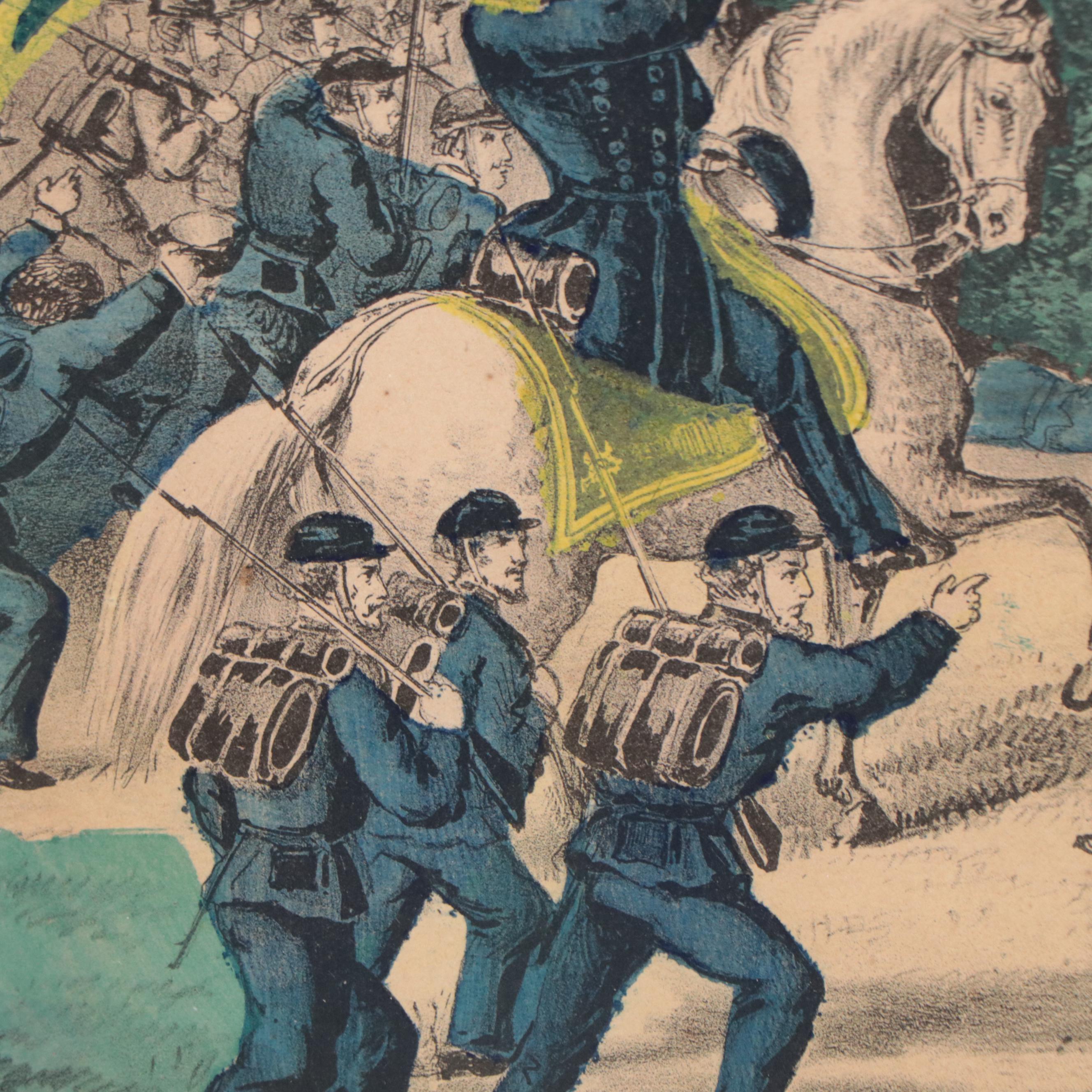 Currier & Ives Hand-Colored Lithograph of Civil War Battle Scene, 1862