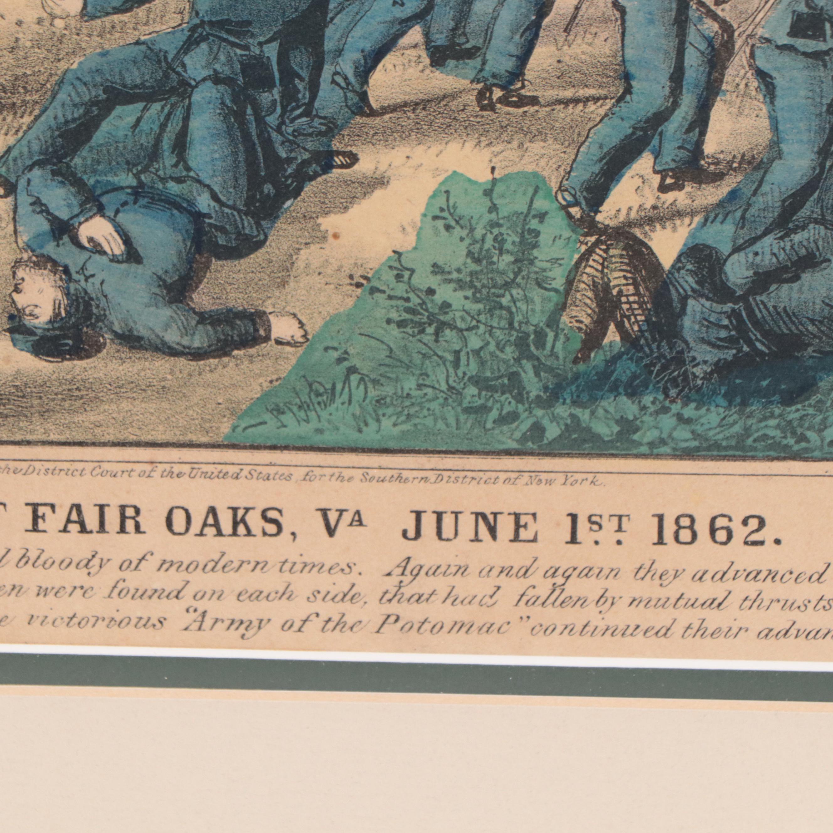 Currier & Ives Hand-Colored Lithograph of Civil War Battle Scene, 1862