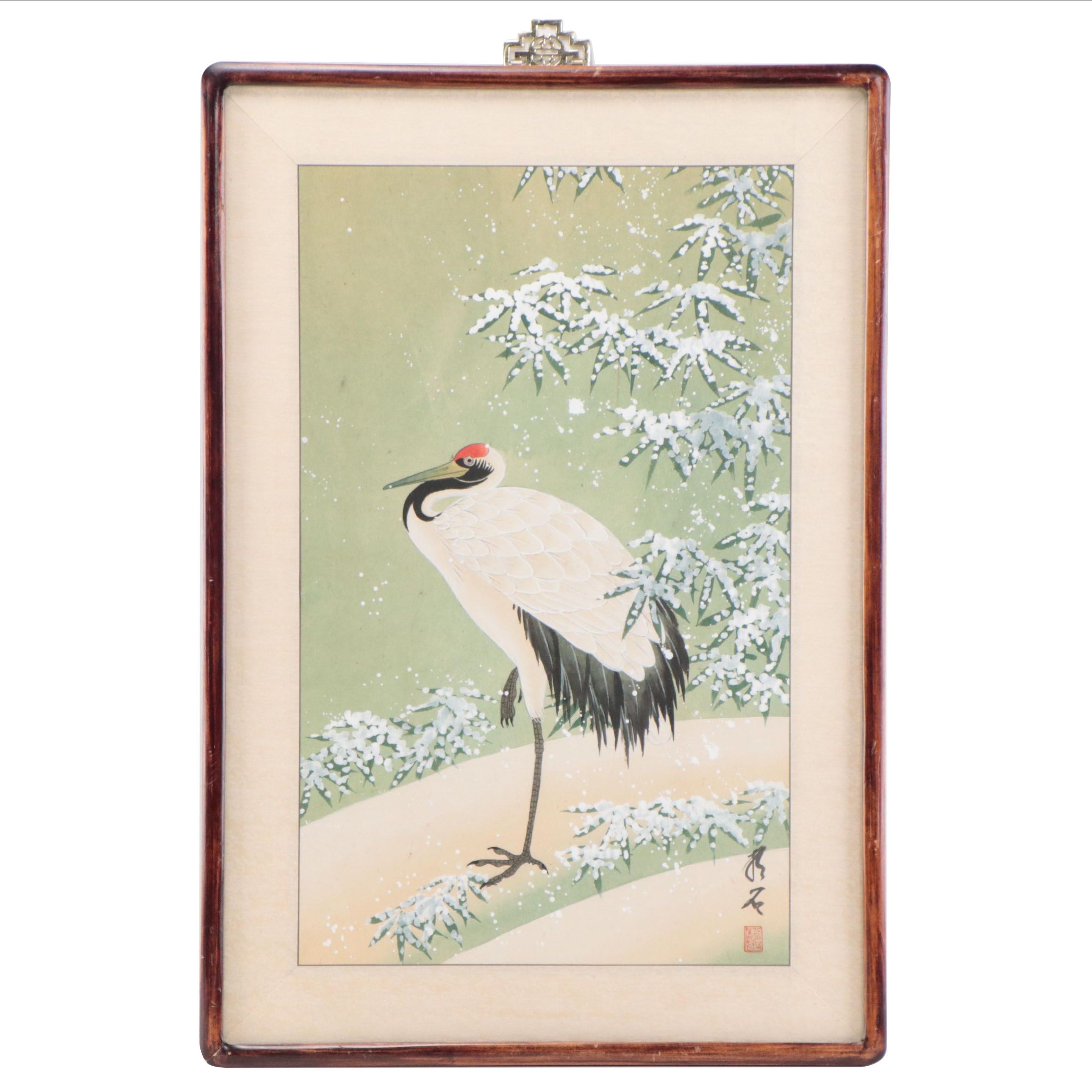 Japanese Gouache Painting of Crane in Snow