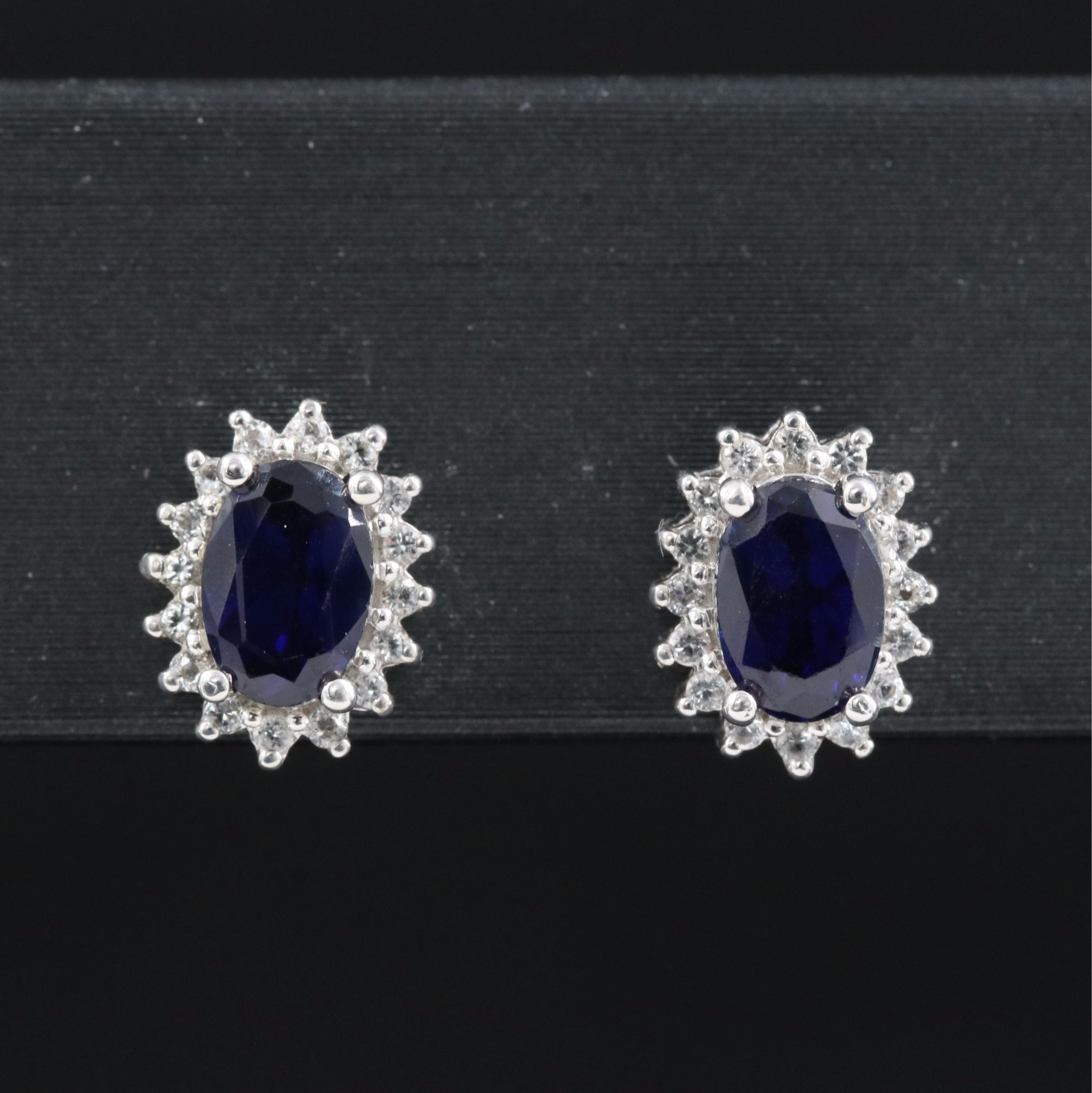 Sterling Silver Blue Sapphire and White Sapphire Halo Earrings
