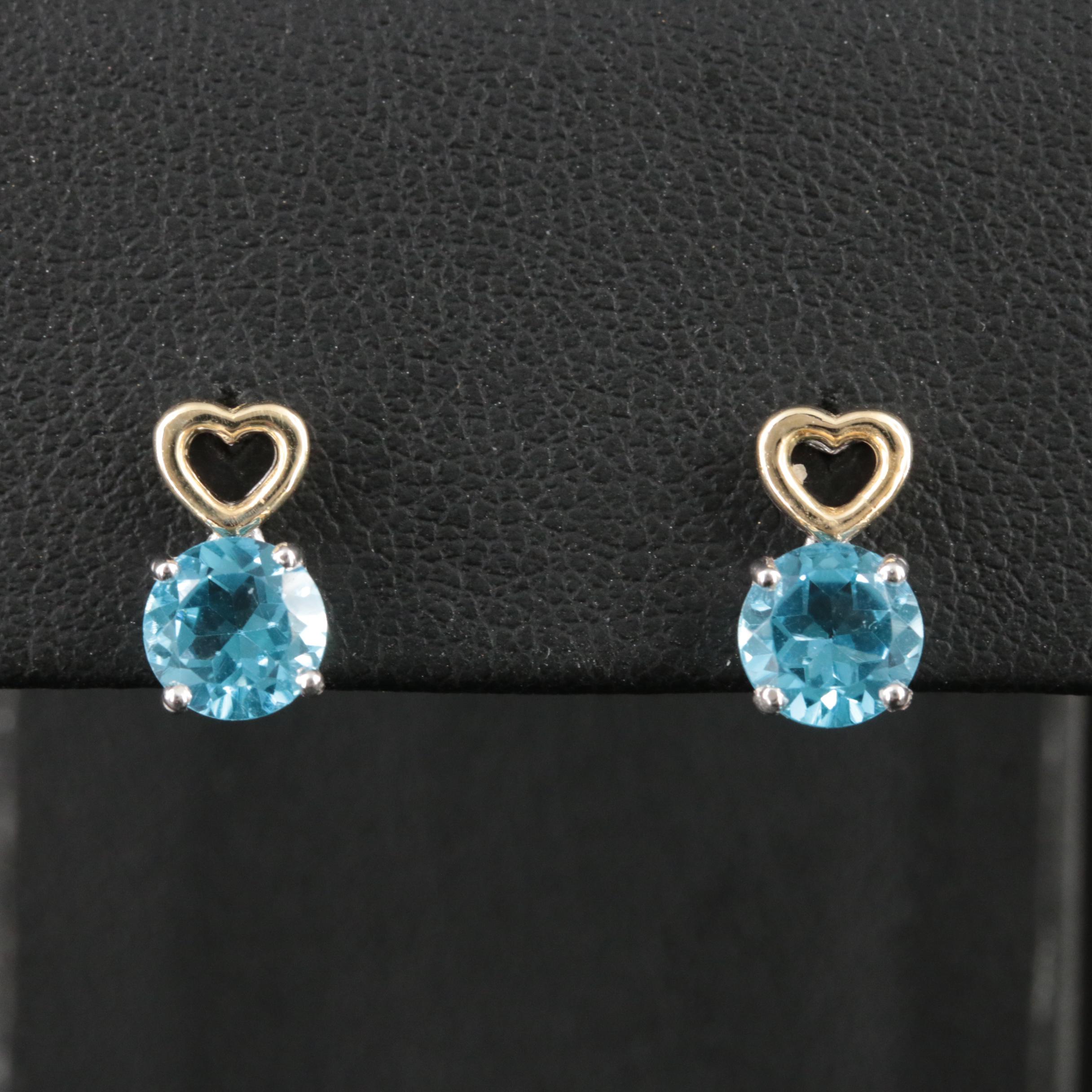 Sterling Swiss Blue Topaz Earrings with 10K Gold Heart Accents