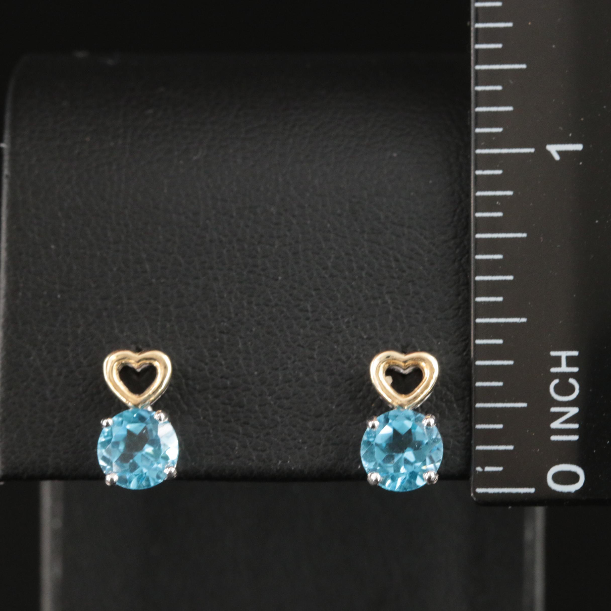 Sterling Swiss Blue Topaz Earrings with 10K Gold Heart Accents