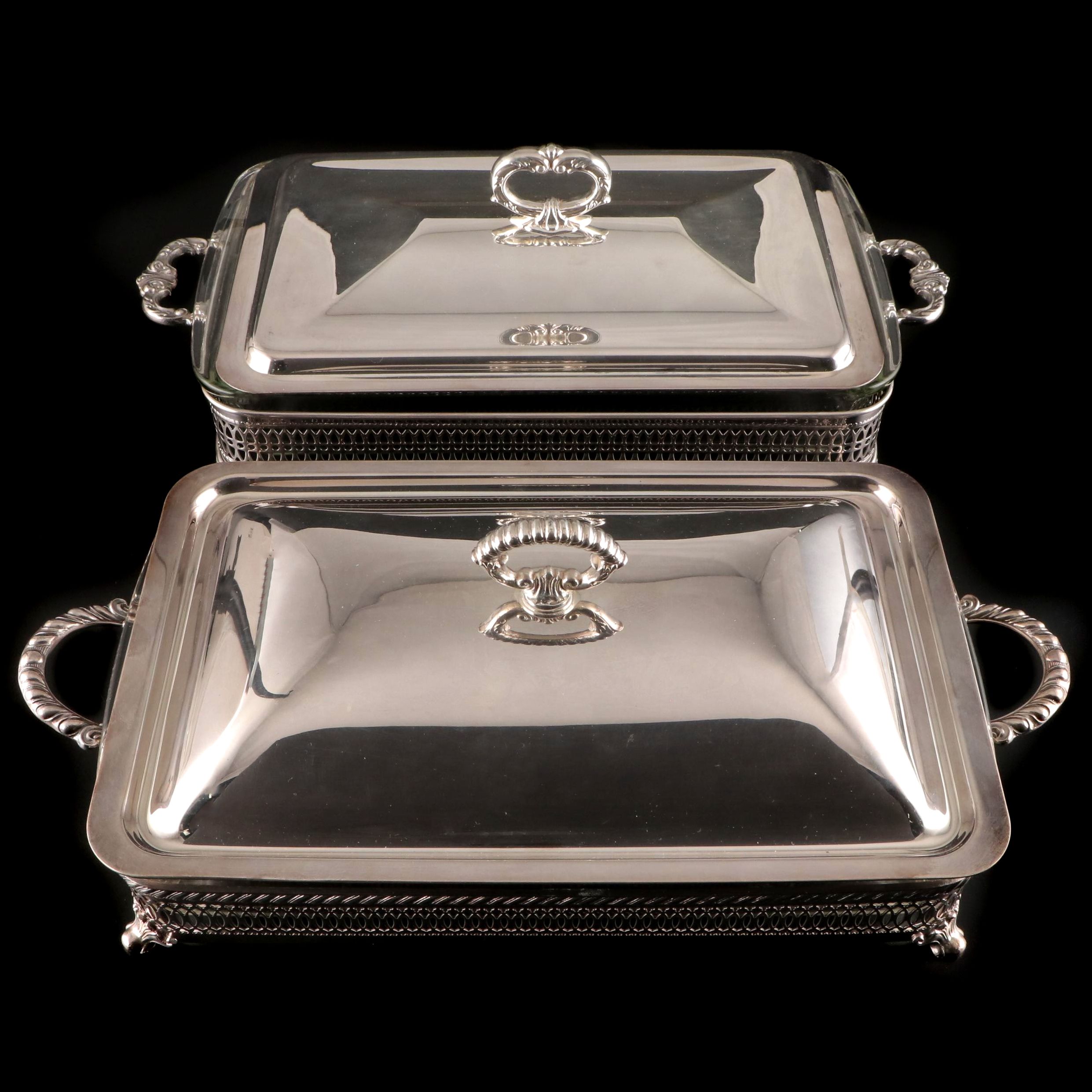 Silver Plate Chafing Dishes With Pyrex Glass Inserts, Late 20th Century