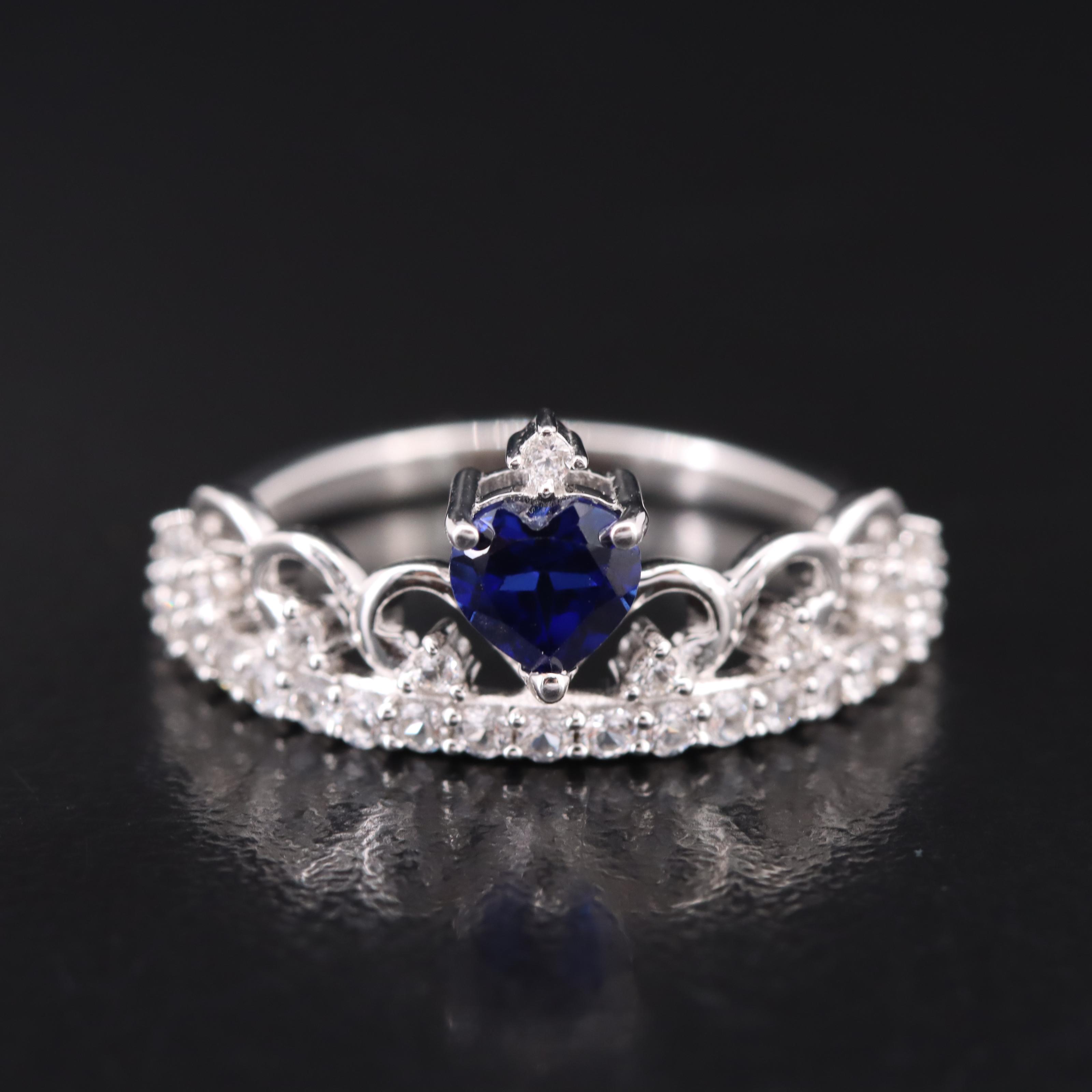Sterling Sapphire Heart Crown Ring