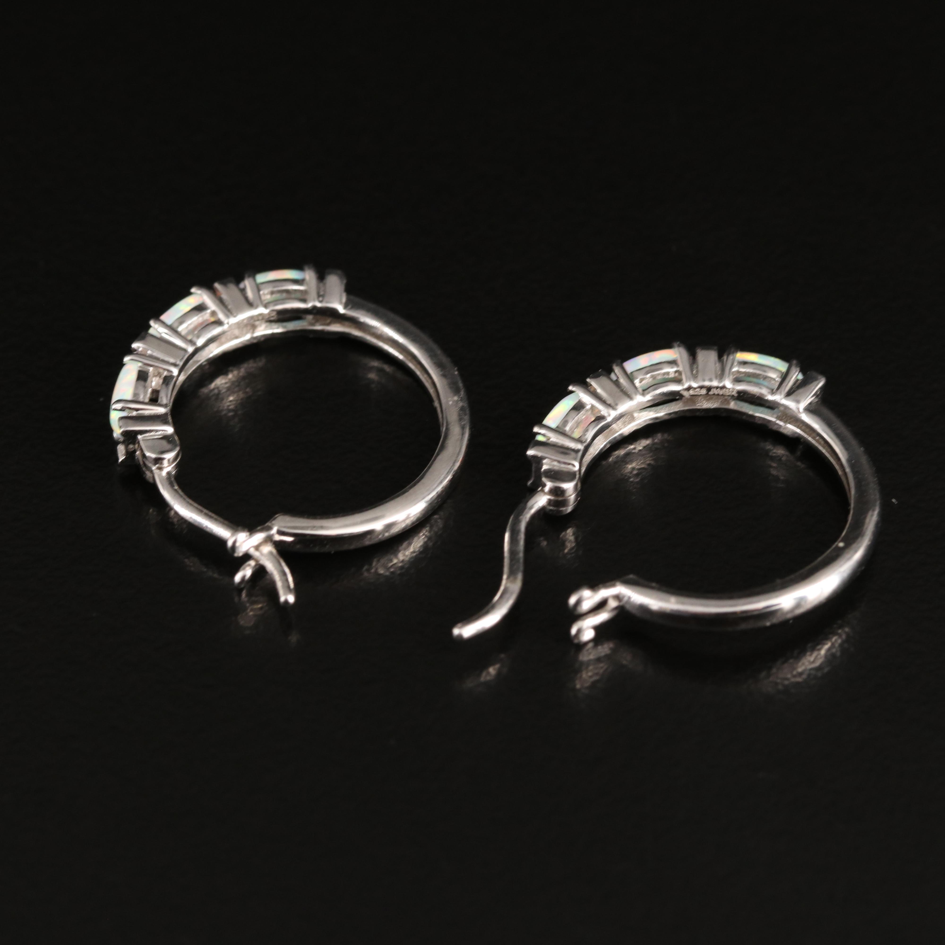 Sterling Opal and Diamond Hoop Earrings