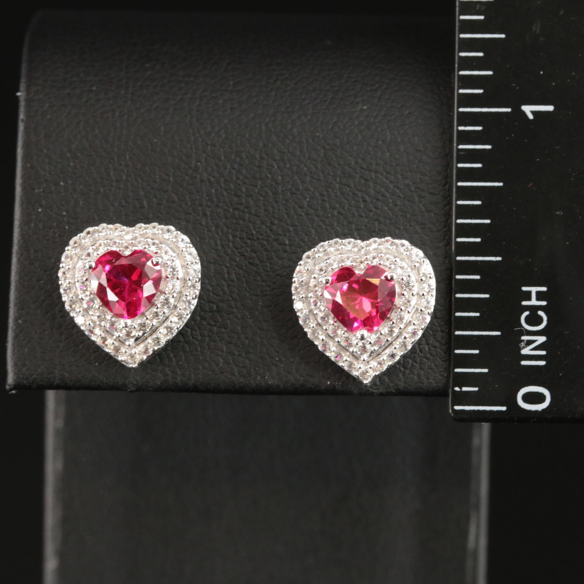 Sterling Ruby and Sapphire Double Halo Heart Earrings