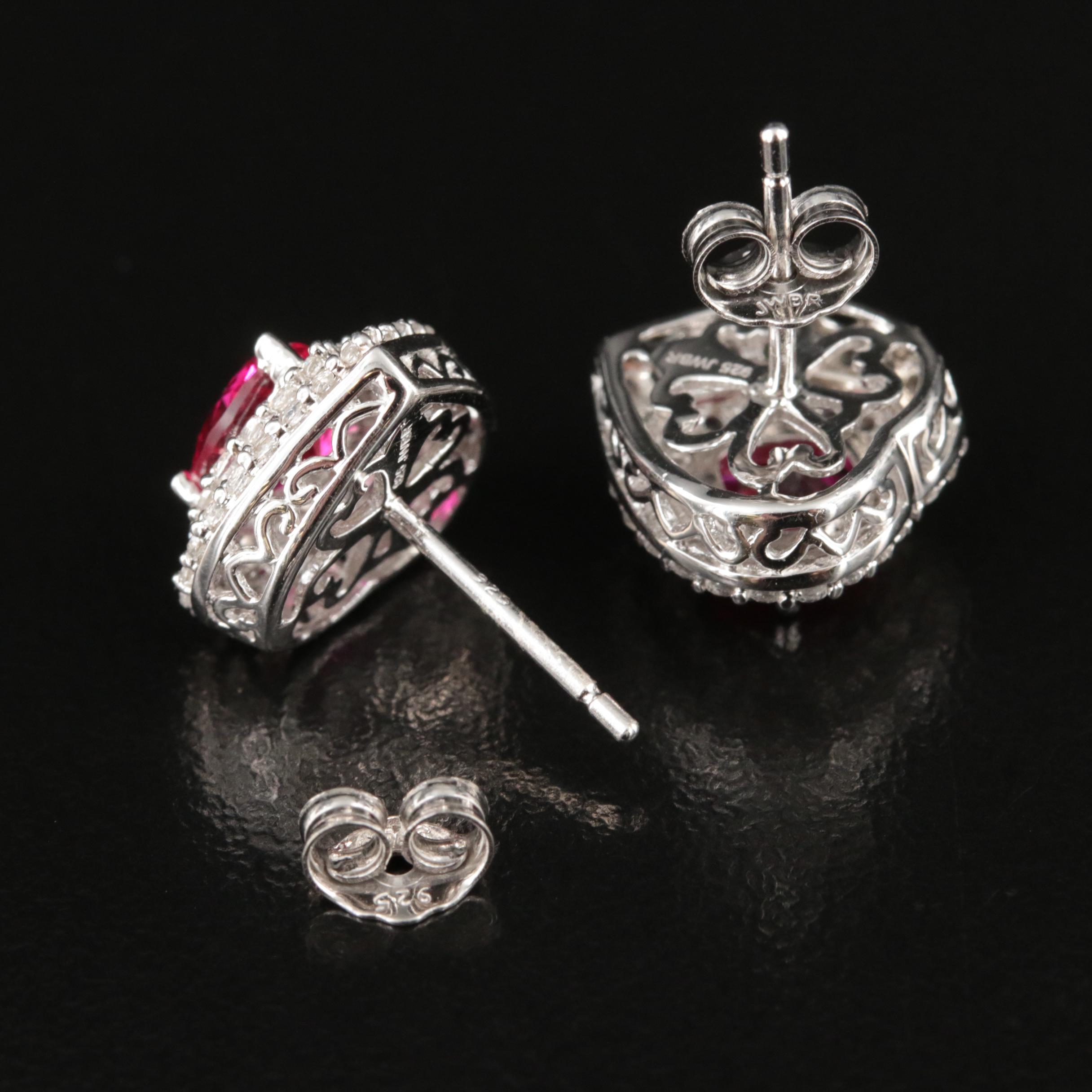 Sterling Ruby and Sapphire Double Halo Heart Earrings