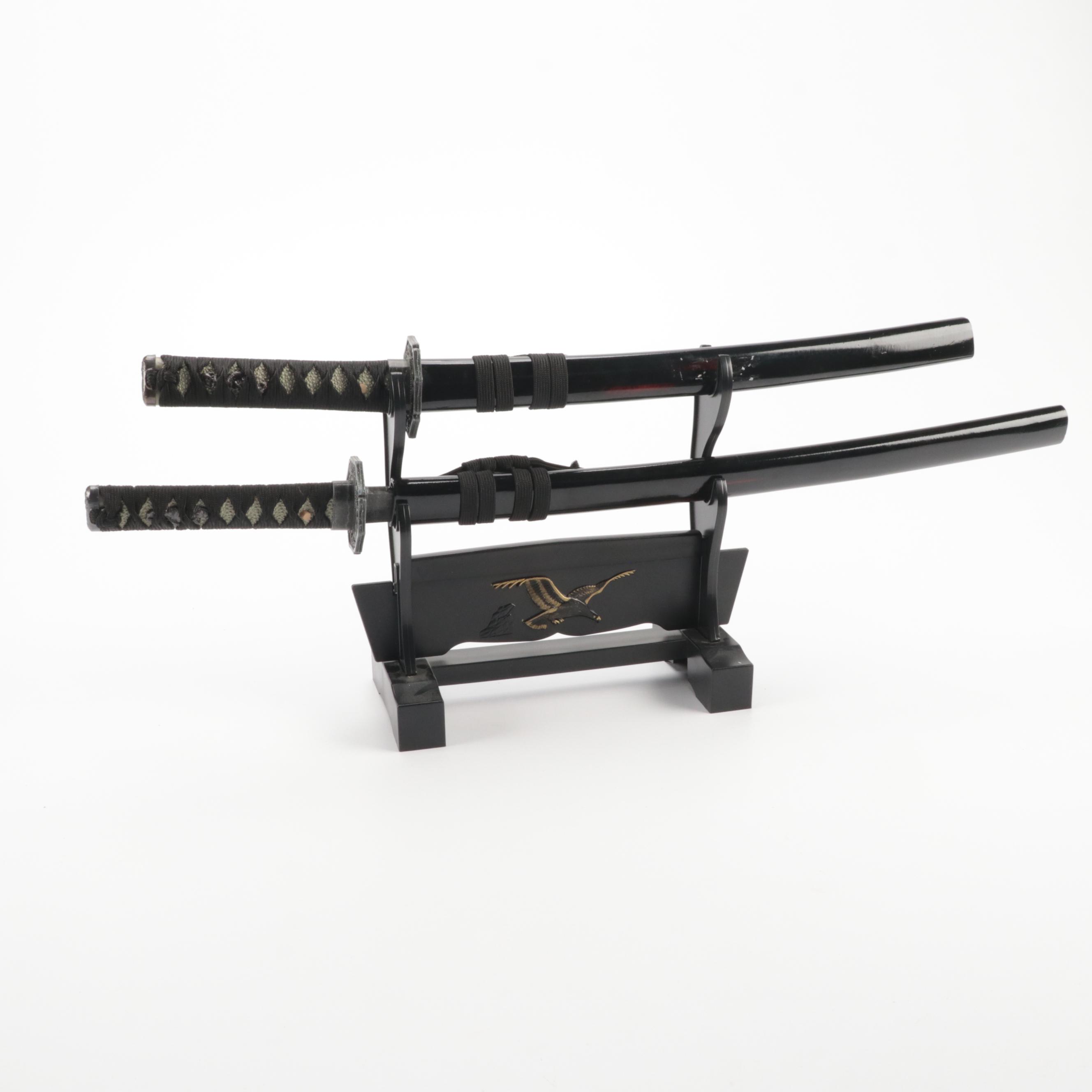 Japanese Samuri Katana and Wakizashi Swords on Stand