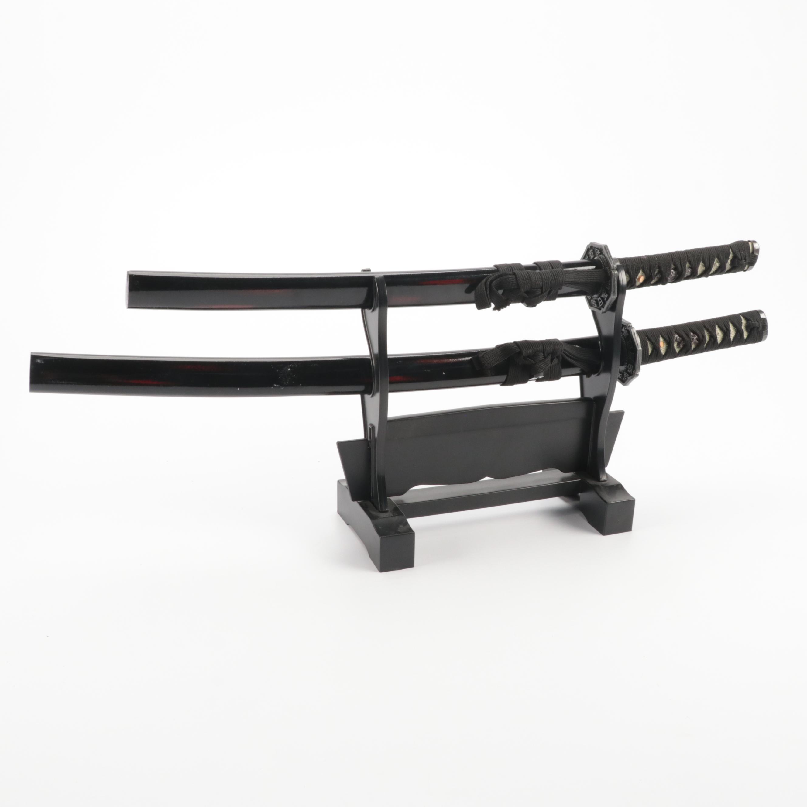 Japanese Samuri Katana and Wakizashi Swords on Stand