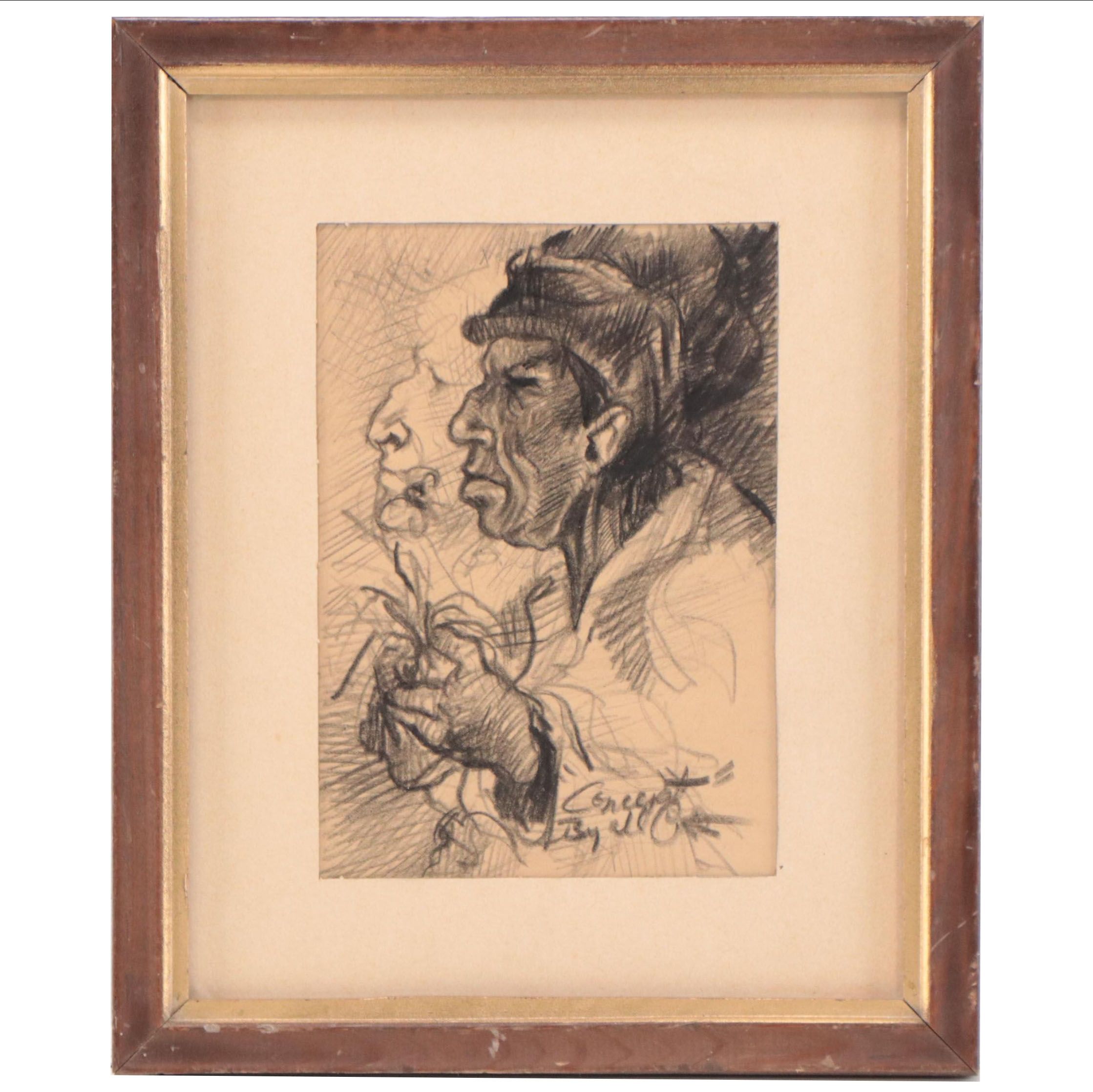 Charcoal Drawing "Concept," Mid-20th Century