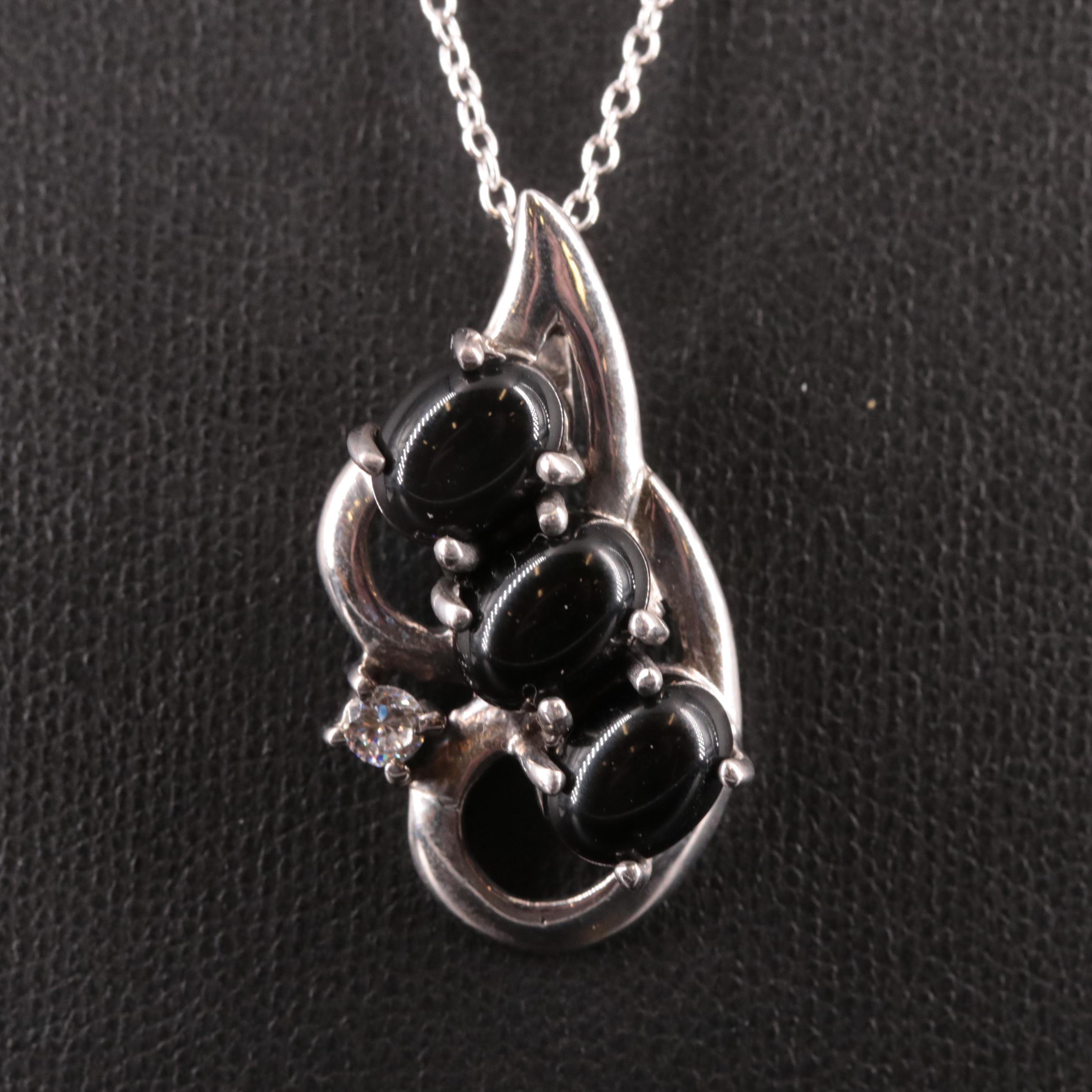 Sterling Silver Black Onyx and Cubic Zirconia Pendant Necklace