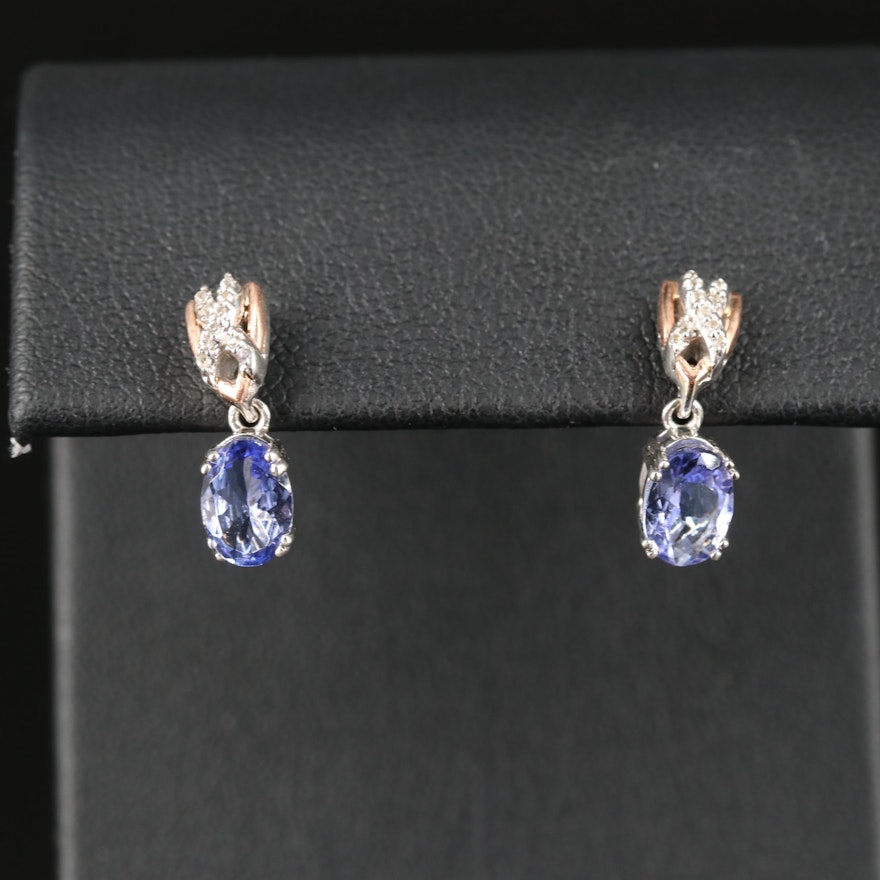 Sterling Tanzanite and White Sapphire Earrings with 10K Rose Gold Accent