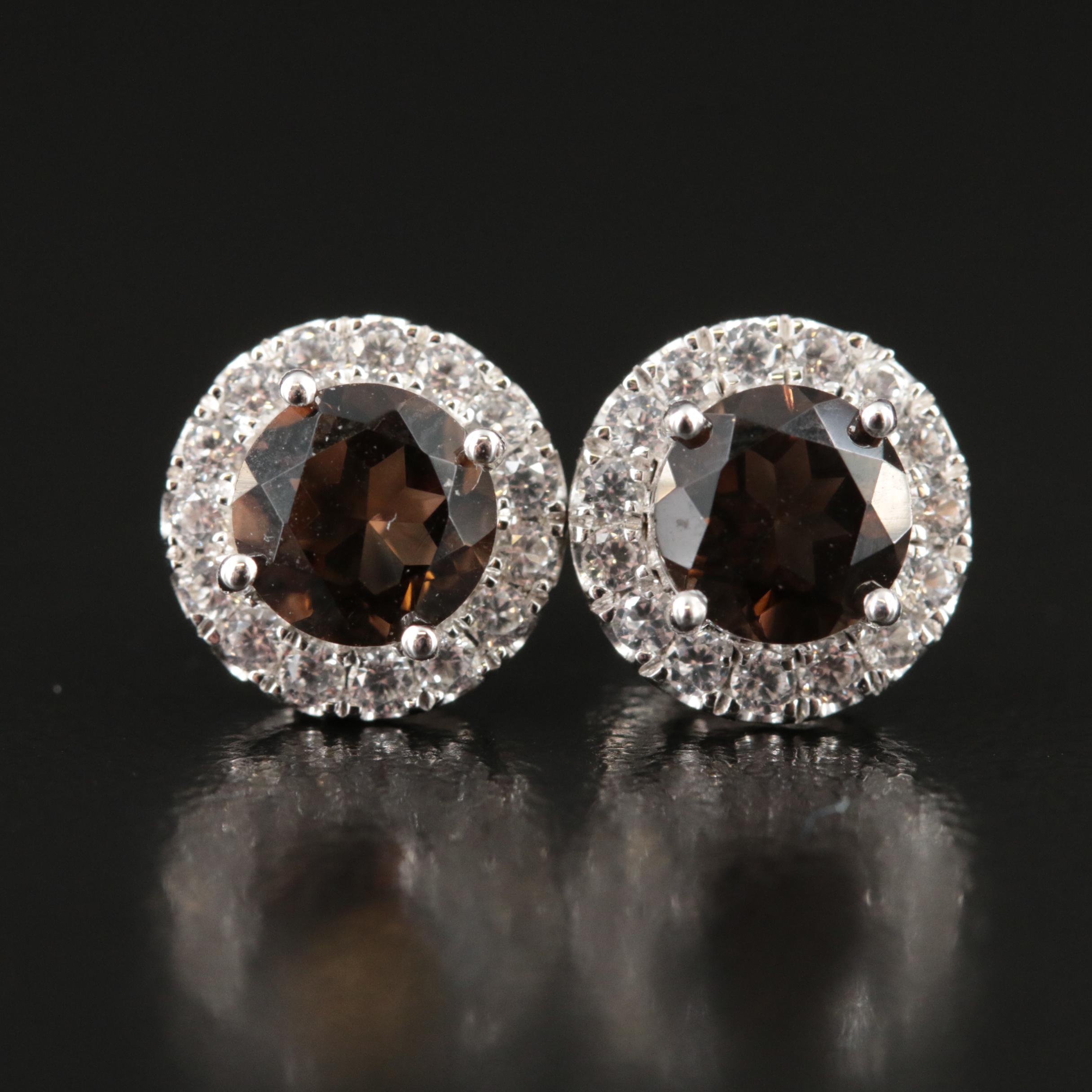 Sterling Smoky Quartz and Sapphire Halo Earrings