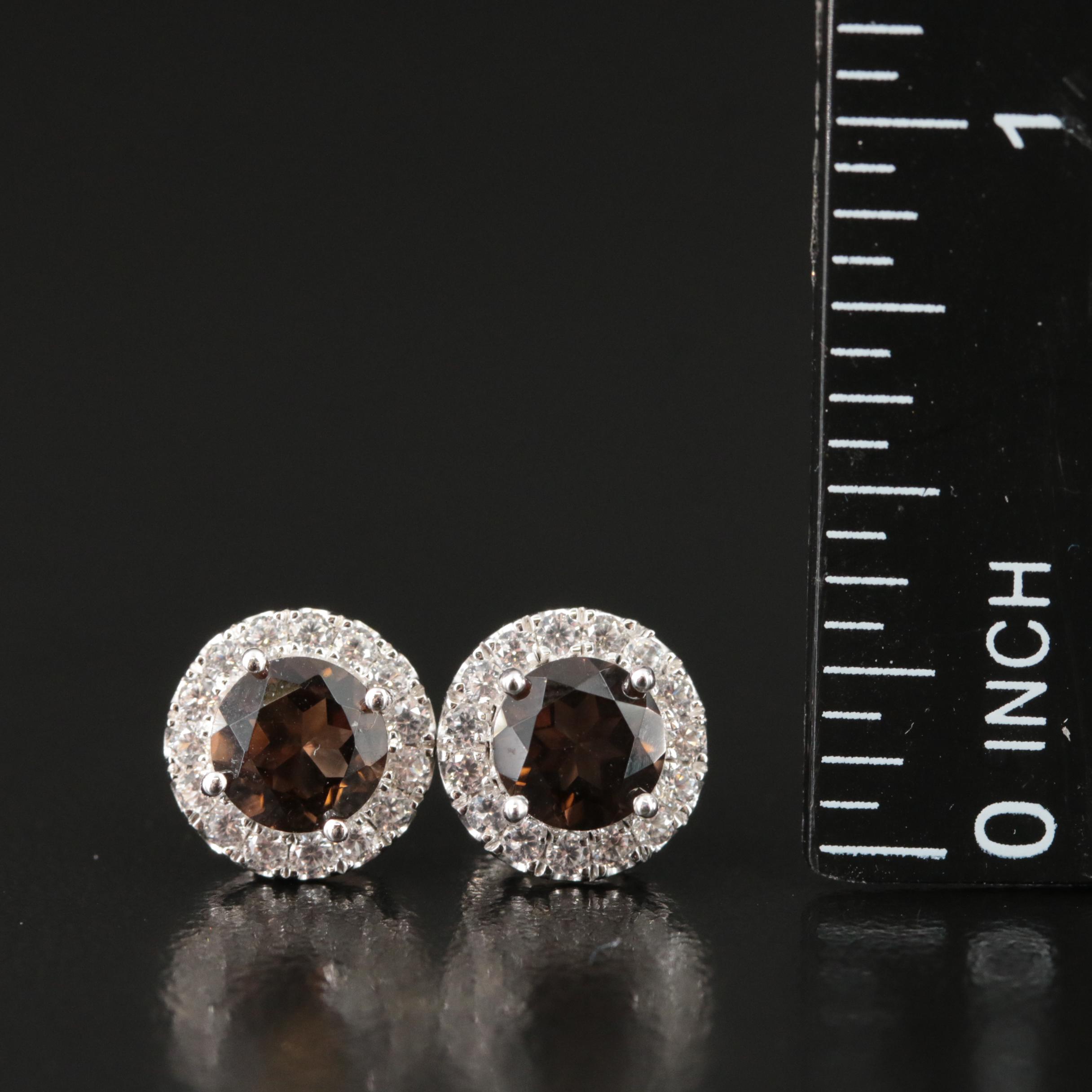 Sterling Smoky Quartz and Sapphire Halo Earrings