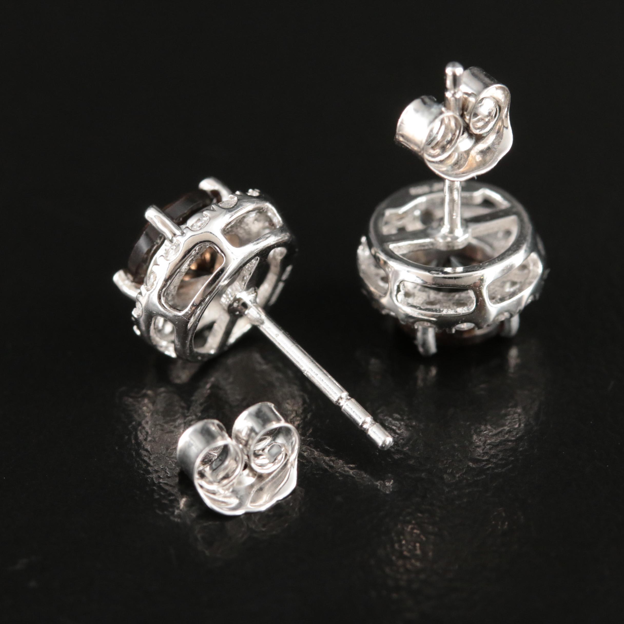 Sterling Smoky Quartz and Sapphire Halo Earrings