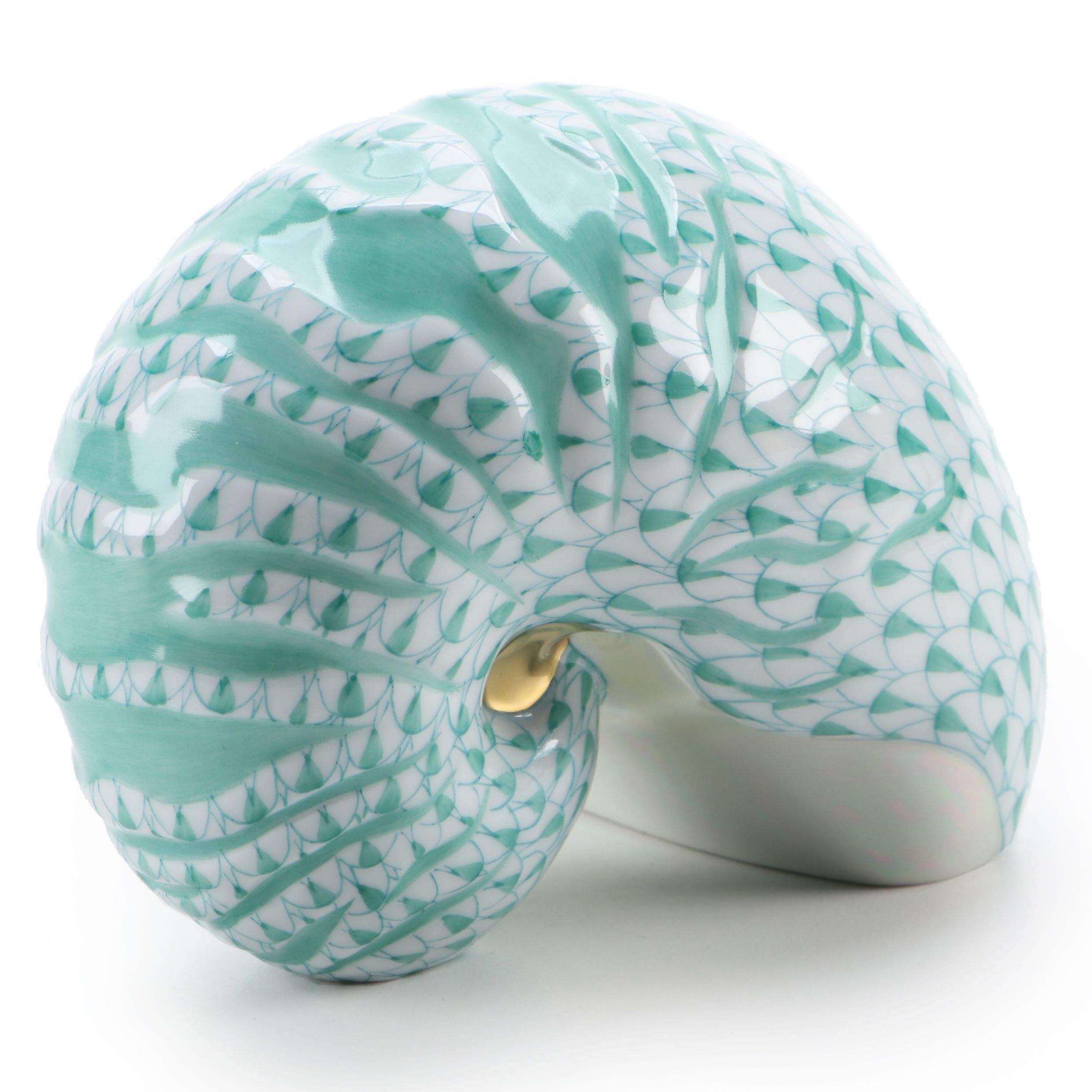 Herend Green Fishnet With Gold "Nautilus Shell" Porcelain Figurine