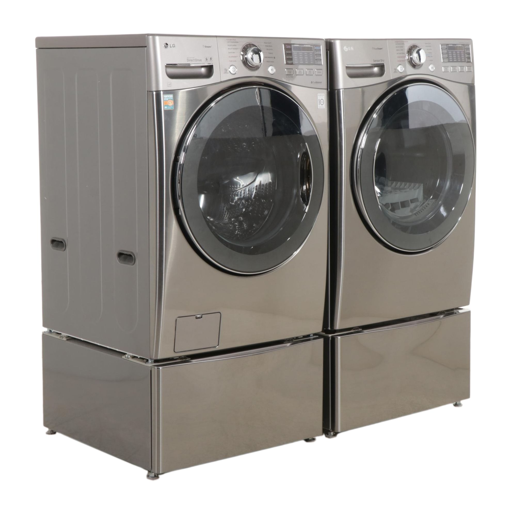 LG Graphite Steel 4.6 Cu. Ft. Turbo Washer, 7.3 Cu. Ft. Steam Dryer on Pedestals