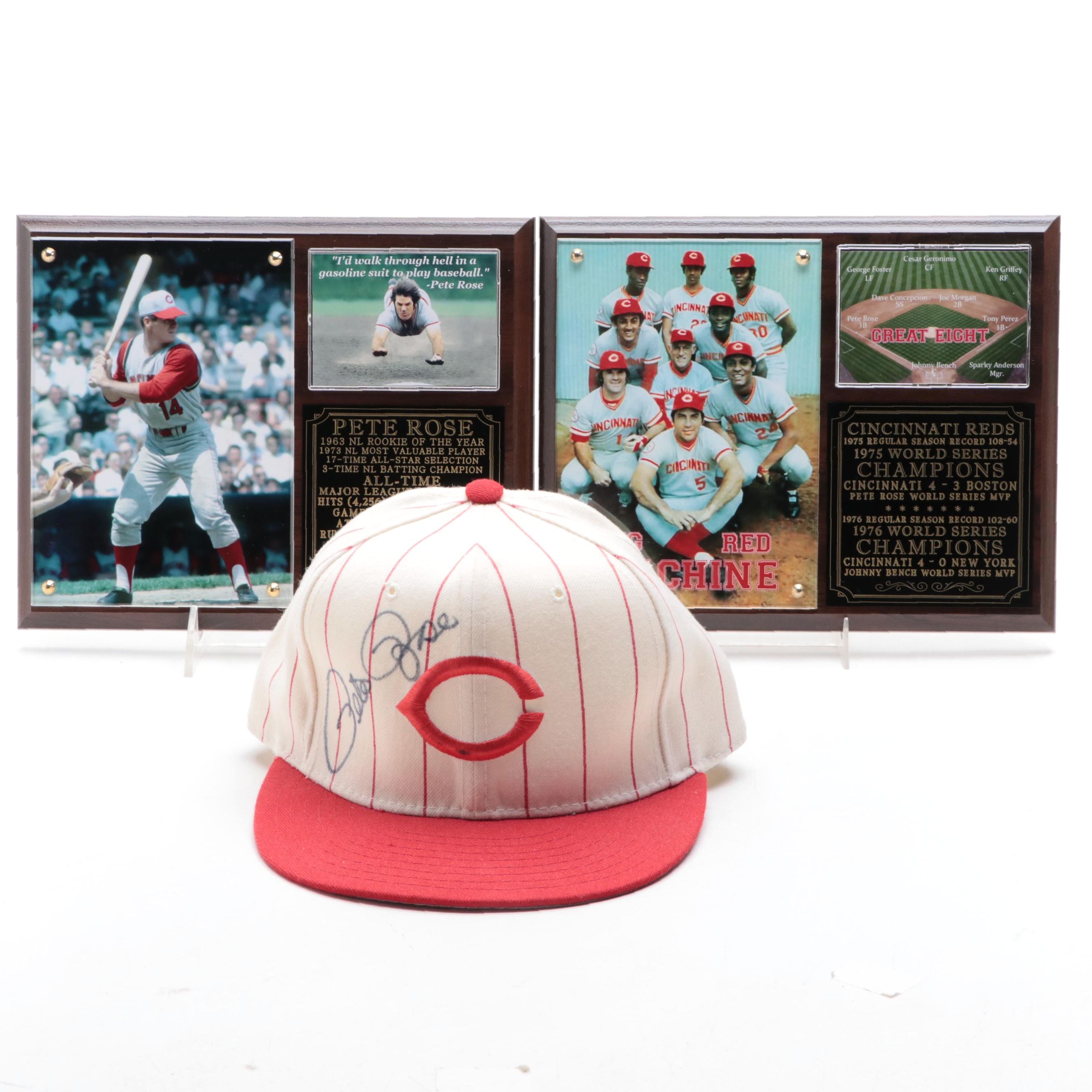 Pete Rose Signed Cincinnati Reds Cap with Big Red Machine Plaques