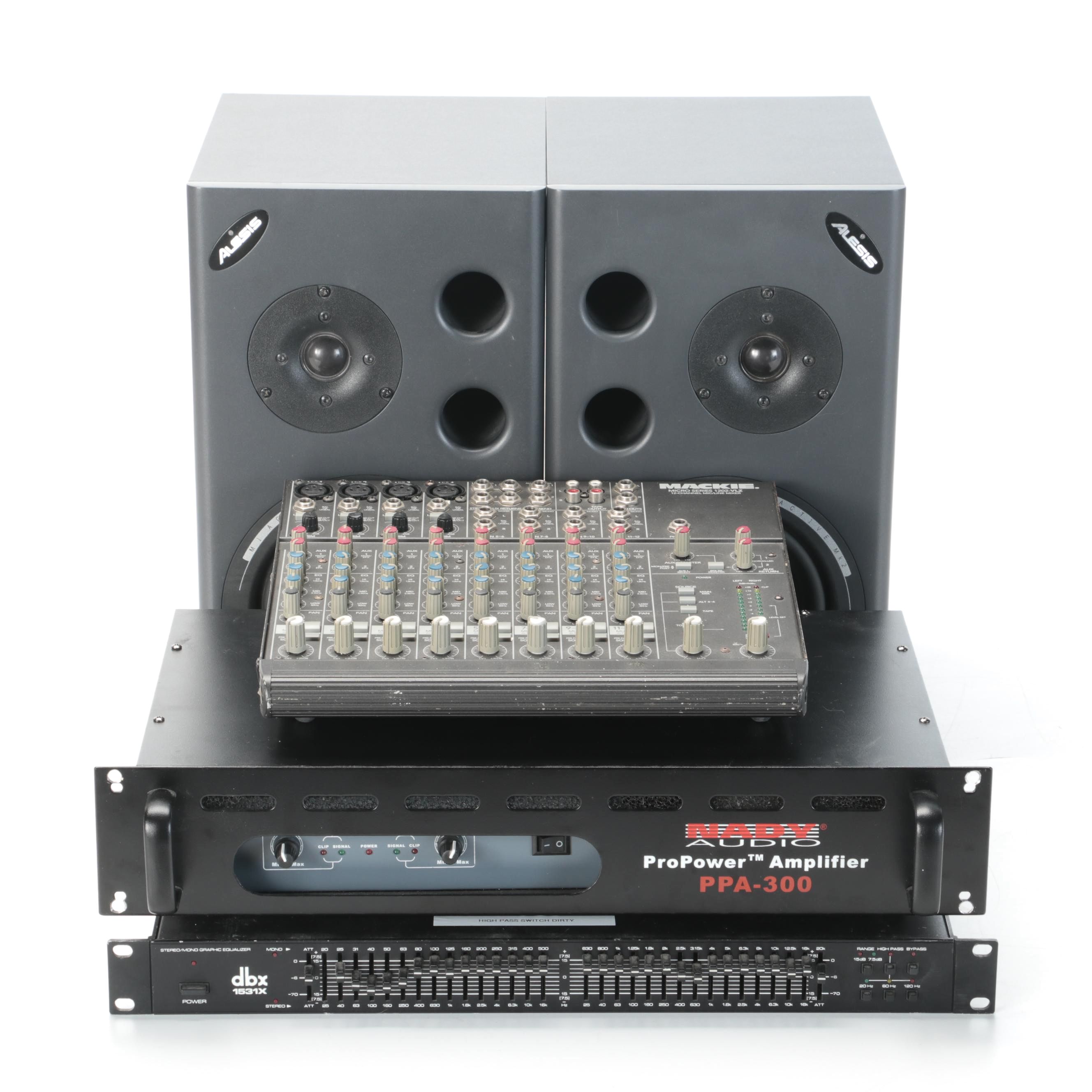 Mackie 12-Channel Mixer, DBX Equalizer, Nady Audio ProPower Amp, Alesis Speakers