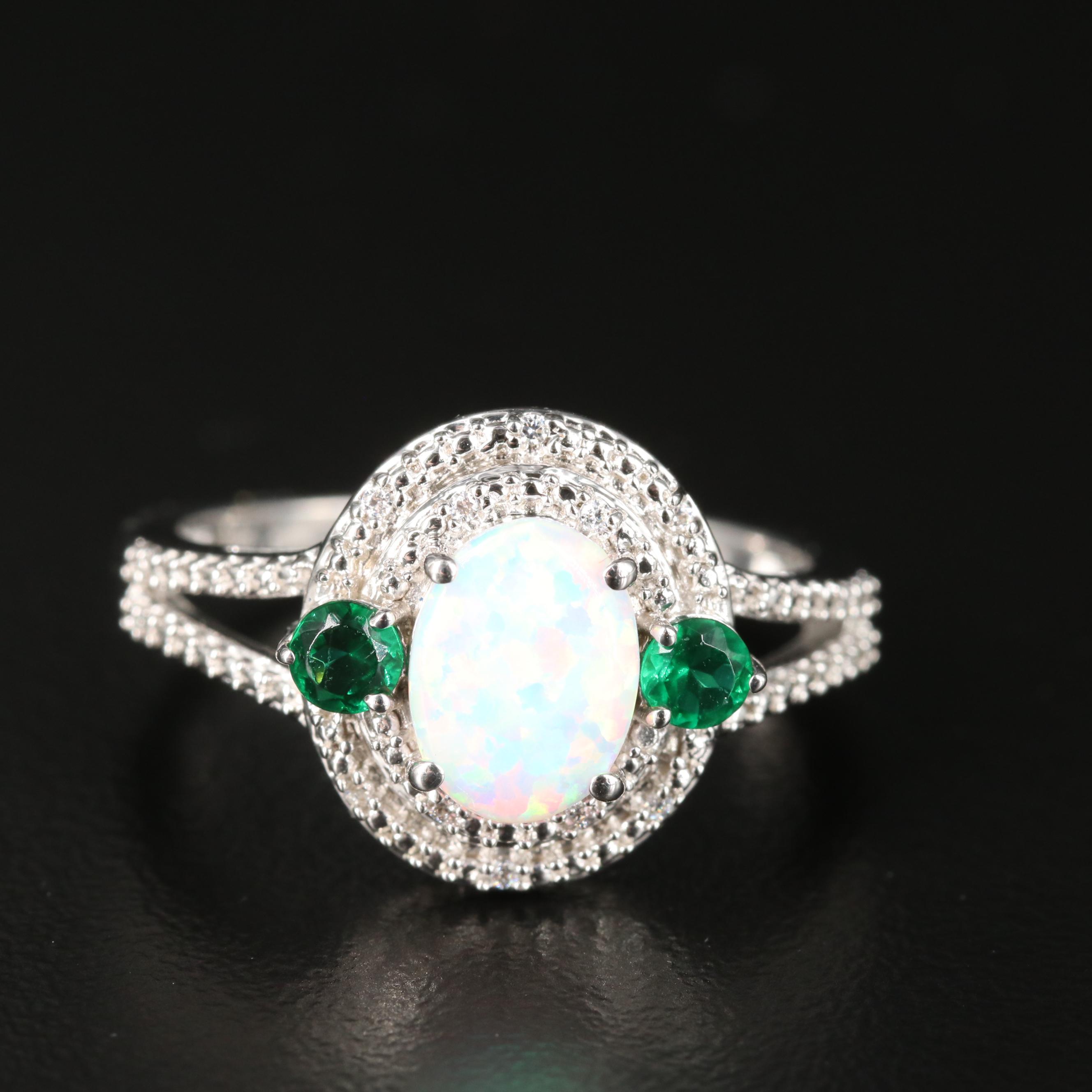 Sterling Opal and Cubic Zirconia Ring