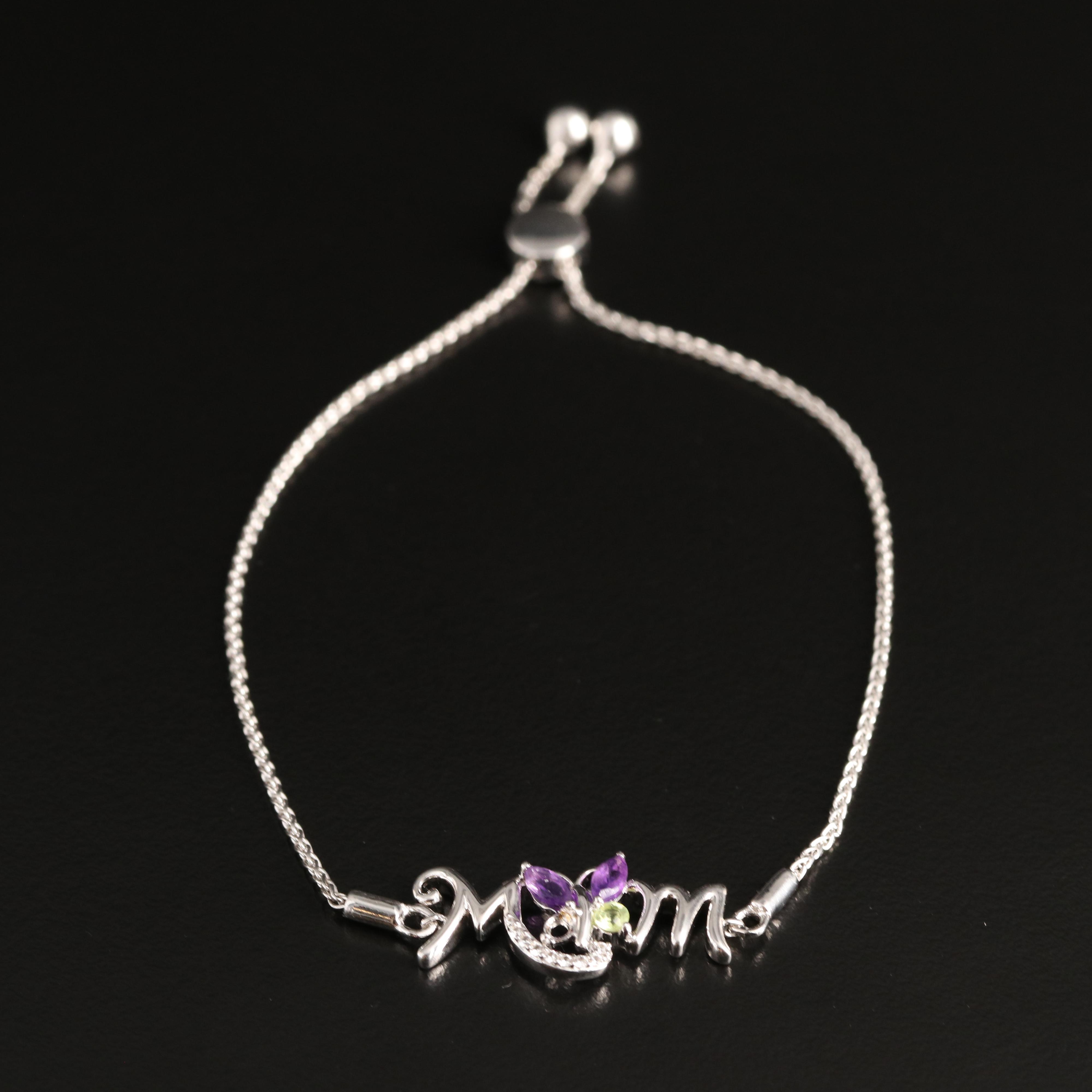 Sterling Amethyst, Peridot and Sapphire "Mom" Butterfly Bolo Bracelet