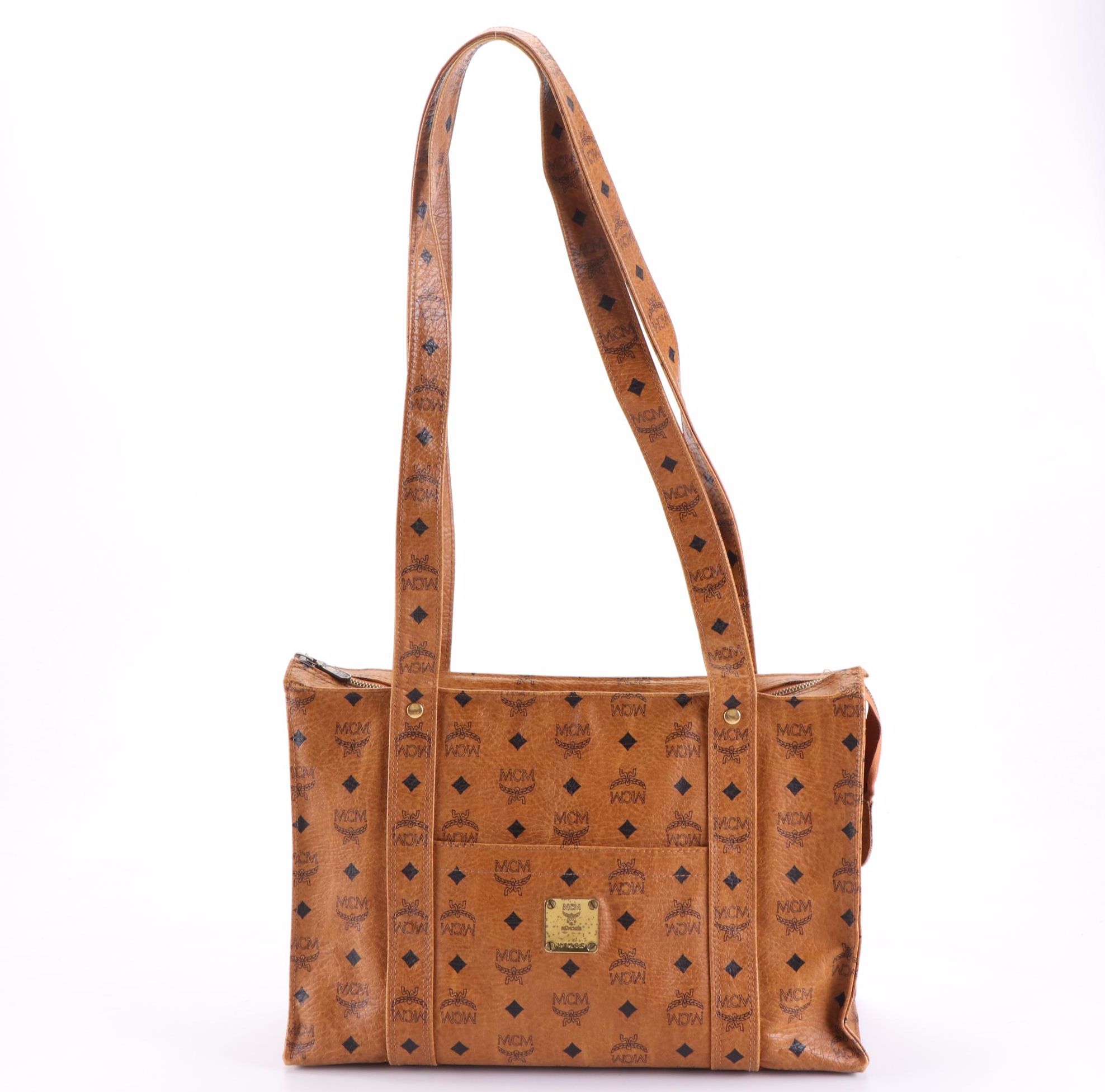 MCM Long Handle Tote in Cognac Visetos Canvas