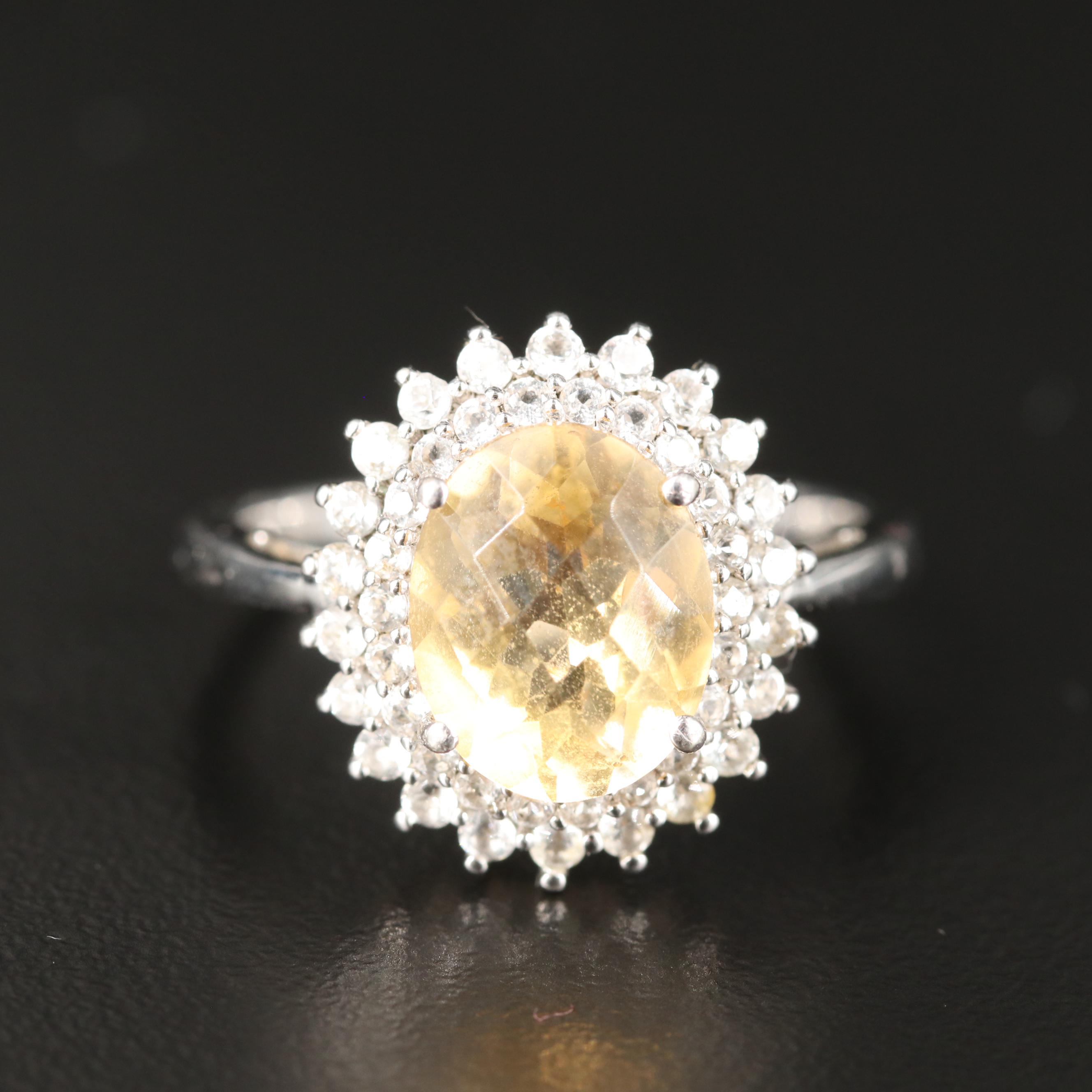 Citrine Ring with White Topaz Double Halo in Sterling
