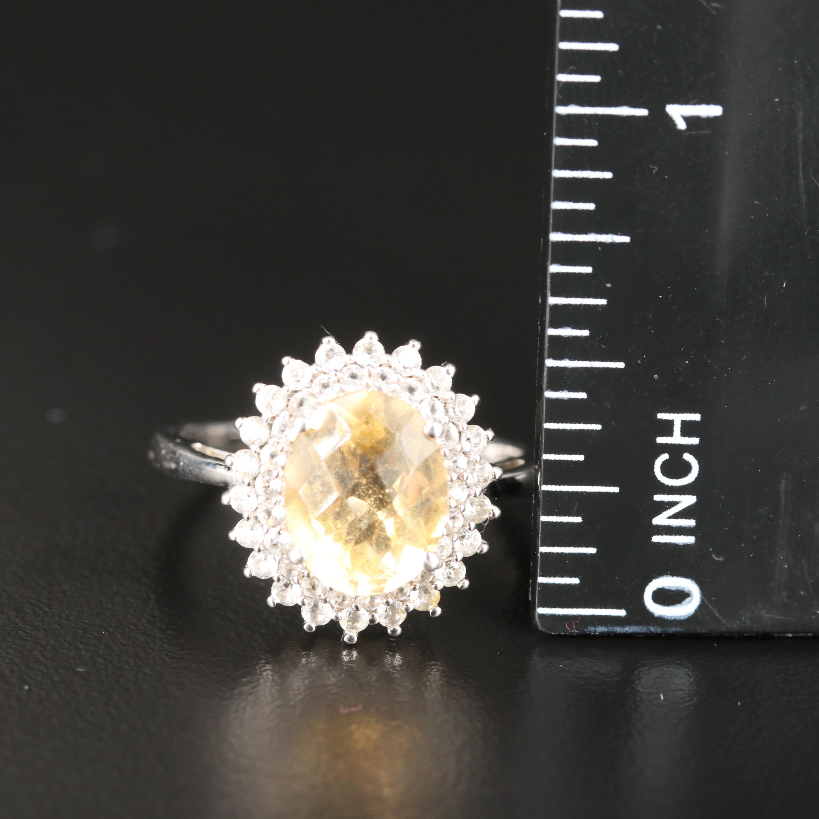 Citrine Ring with White Topaz Double Halo in Sterling