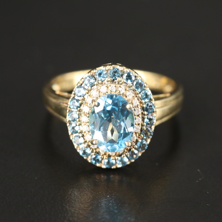 Sterling Swiss Blue Topaz Ring with Diamond Halo
