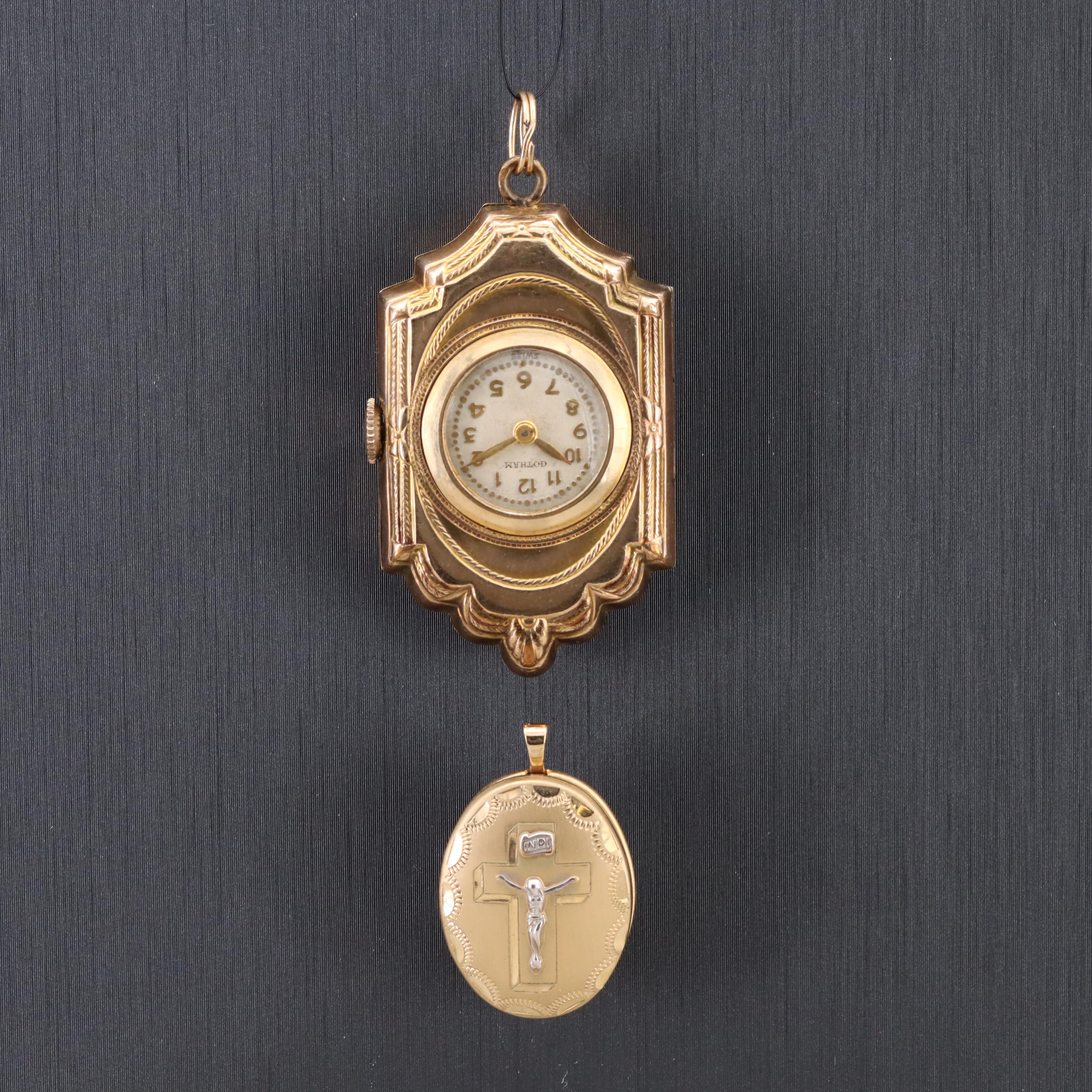 Swiss Gotham Pendant Watch and Gold-Filled Crucifix Locket