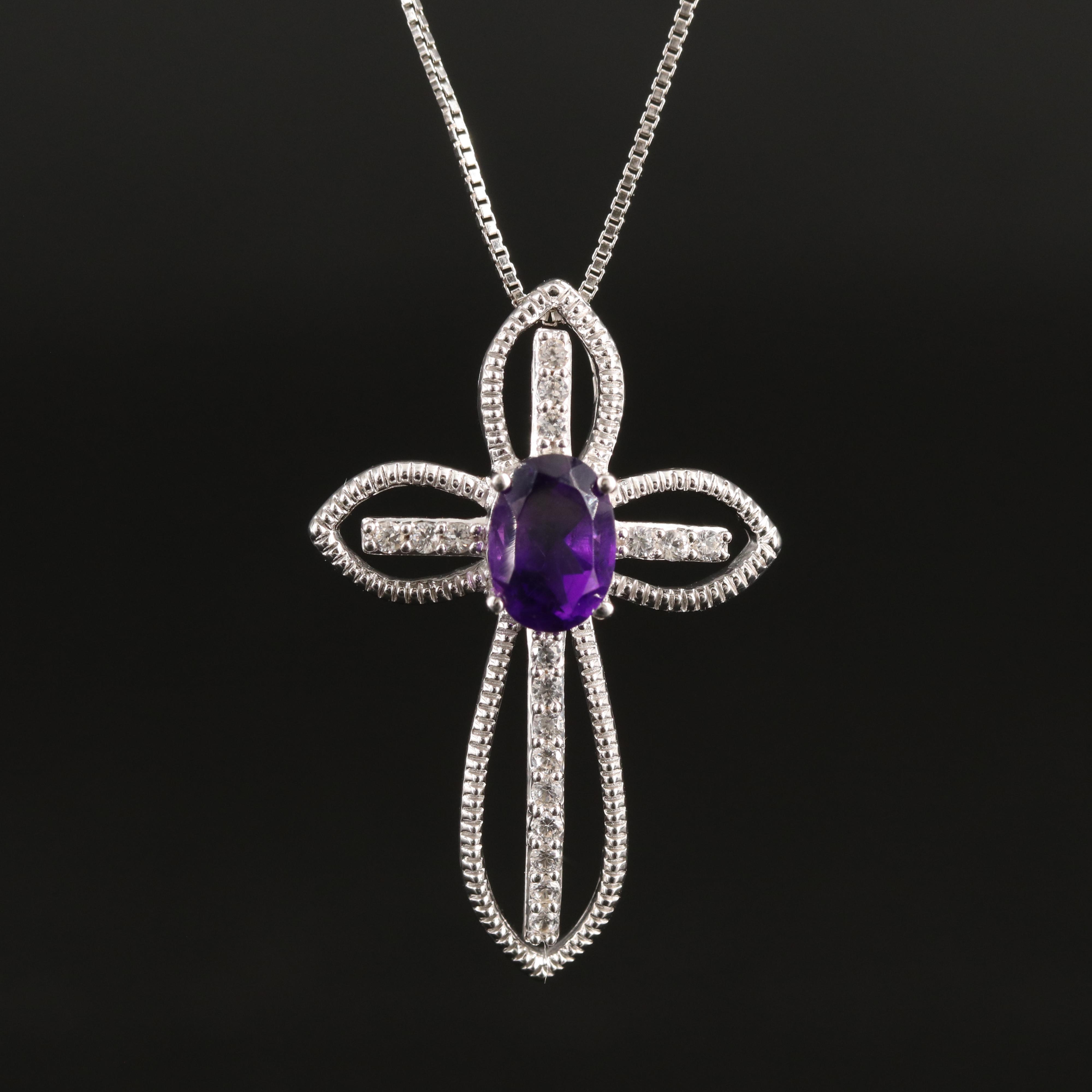 Sterling Amethyst and White Sapphire Cross Necklace