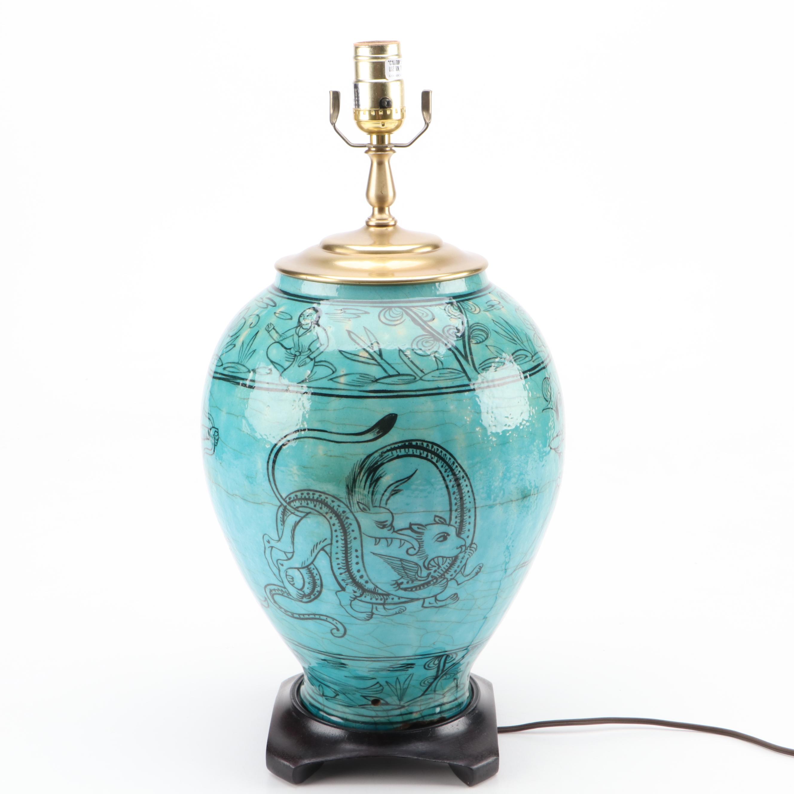 Persian Hand-Painted Turquoise Glazed Stoneware Vase Table Lamp