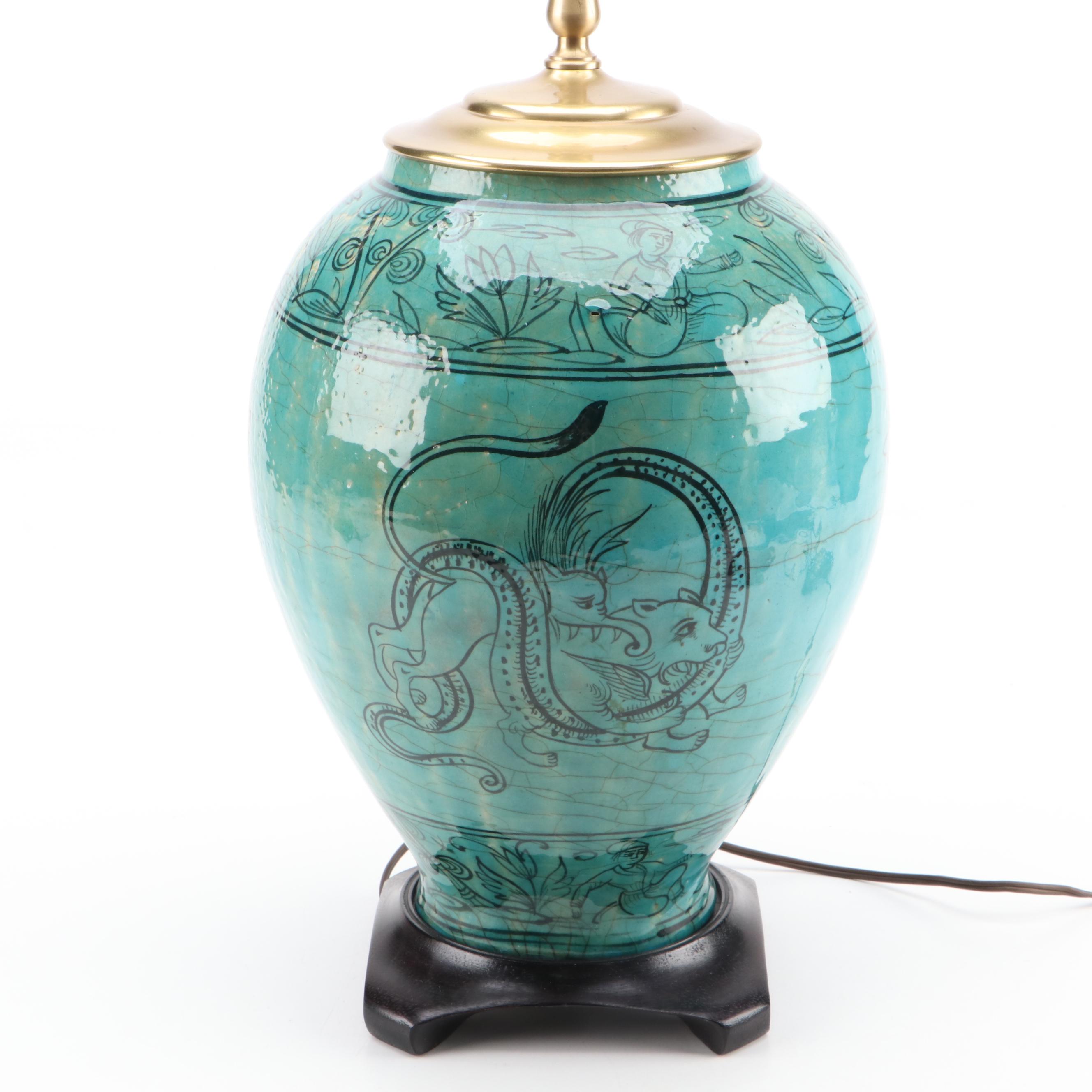 Persian Hand-Painted Turquoise Glazed Stoneware Vase Table Lamp