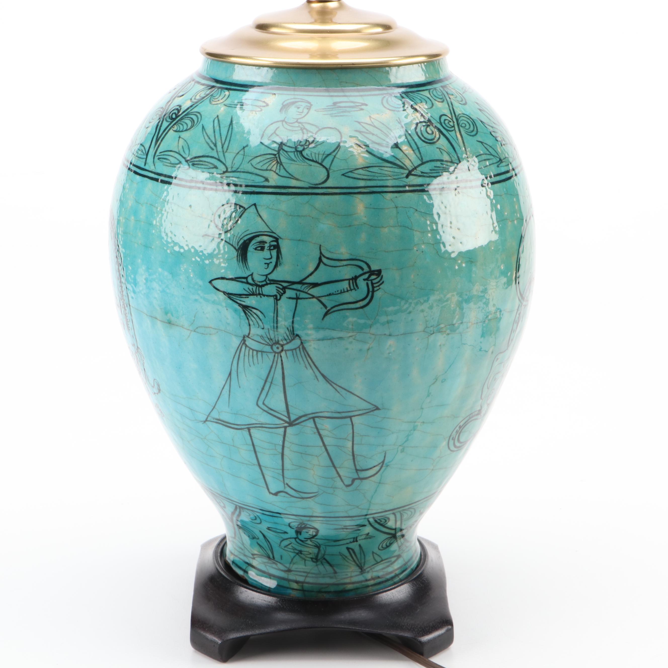 Persian Hand-Painted Turquoise Glazed Stoneware Vase Table Lamp