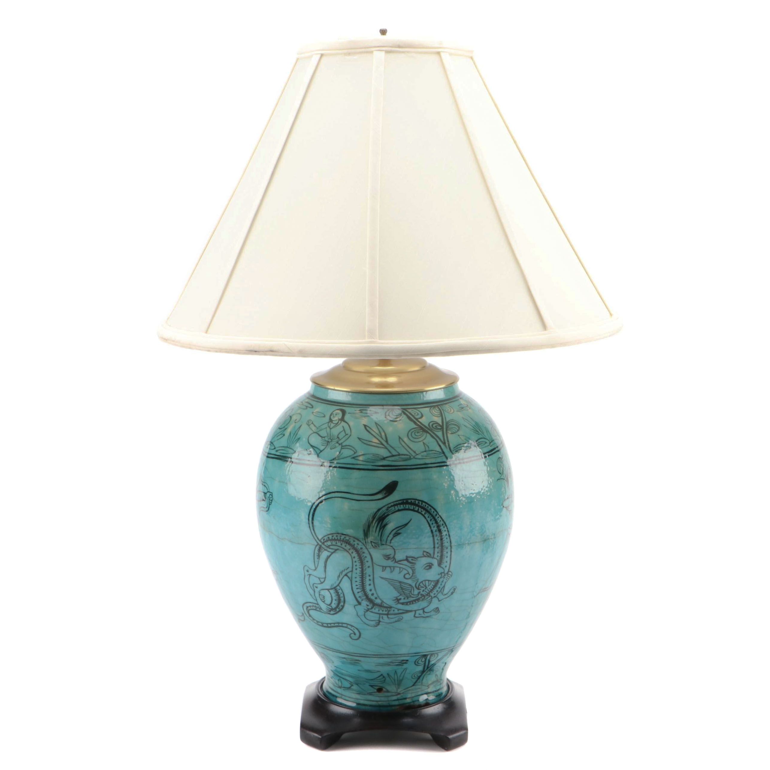 Persian Hand-Painted Turquoise Glazed Stoneware Vase Table Lamp