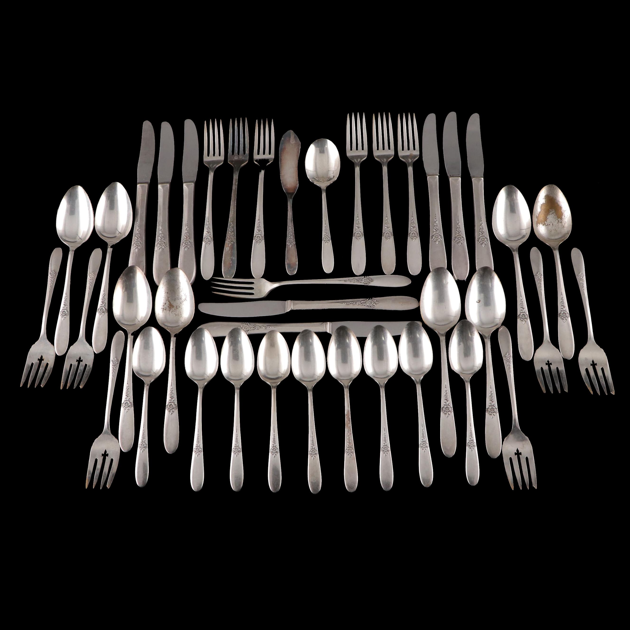 Oneida Silver Plate Flatware Service with Rose Ornamented Handles