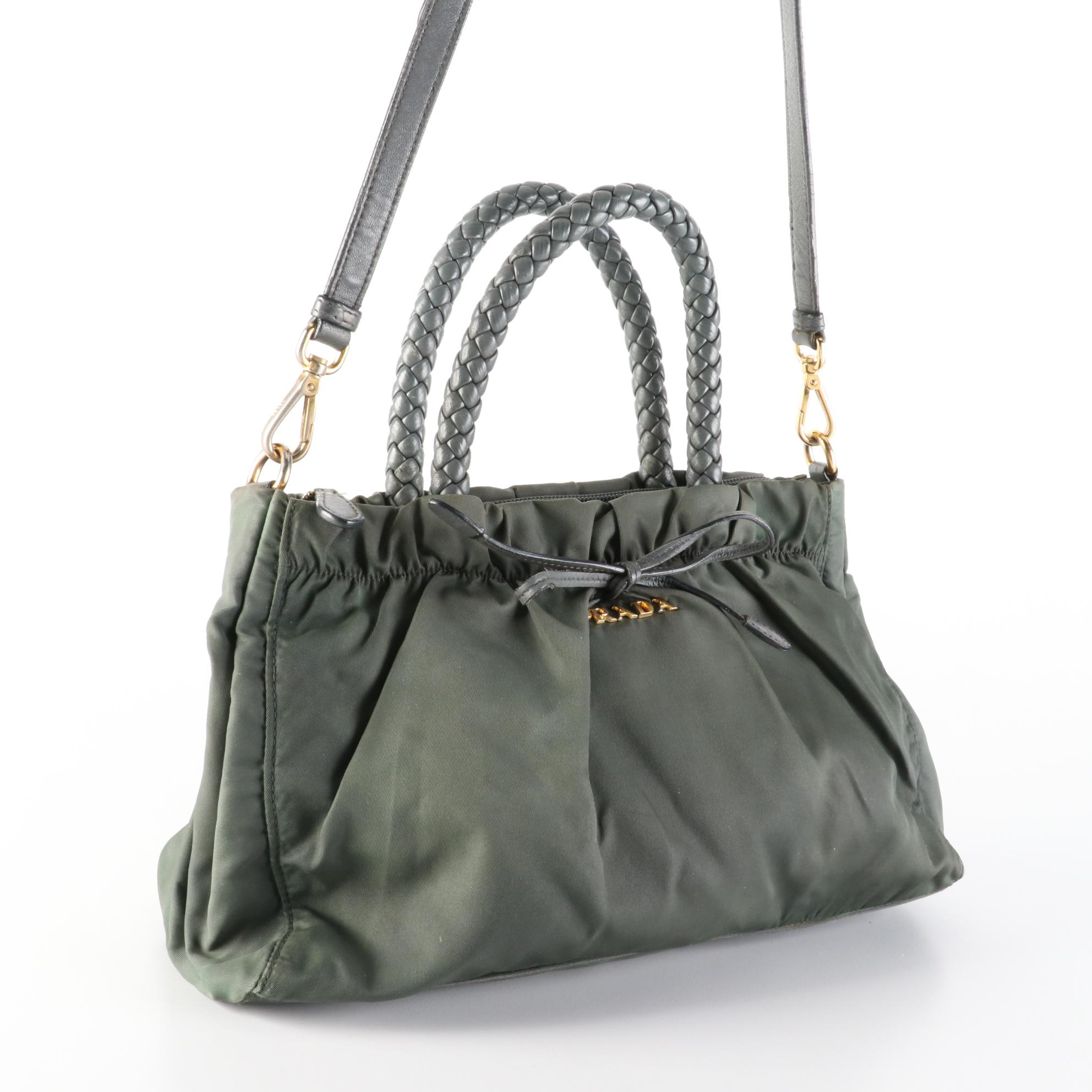 Prada Ruched Nylon Tessuto and Leather Two-Way Tote