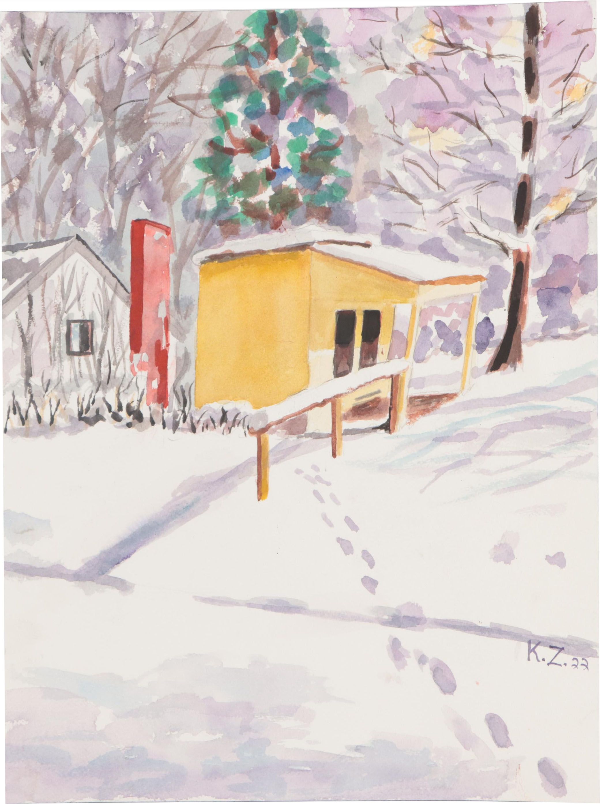 Kathleen Zimbicki Watercolor Painting of a Playhouse in the Snow, 2022