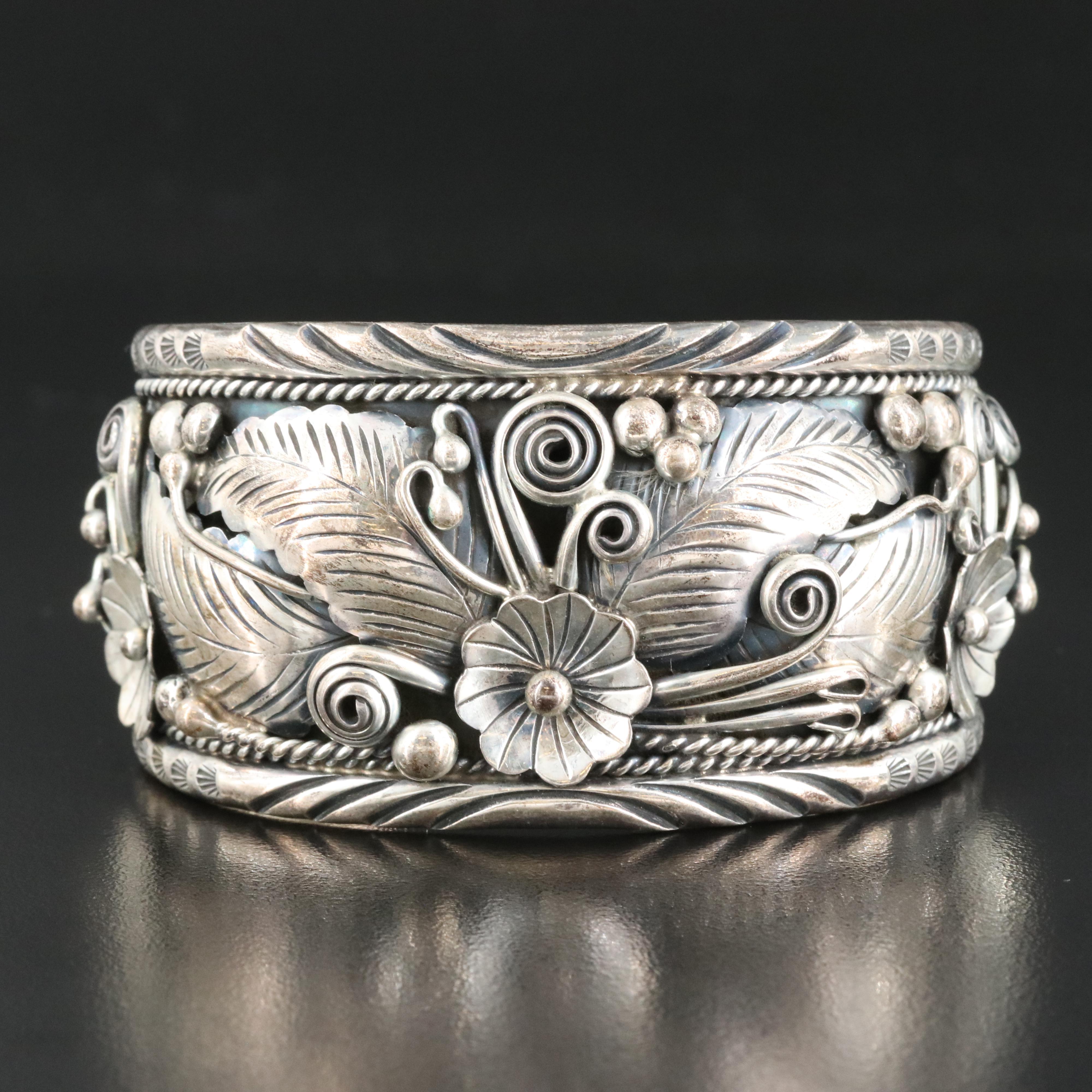 Western Style Signed Sterling Floral Cuff