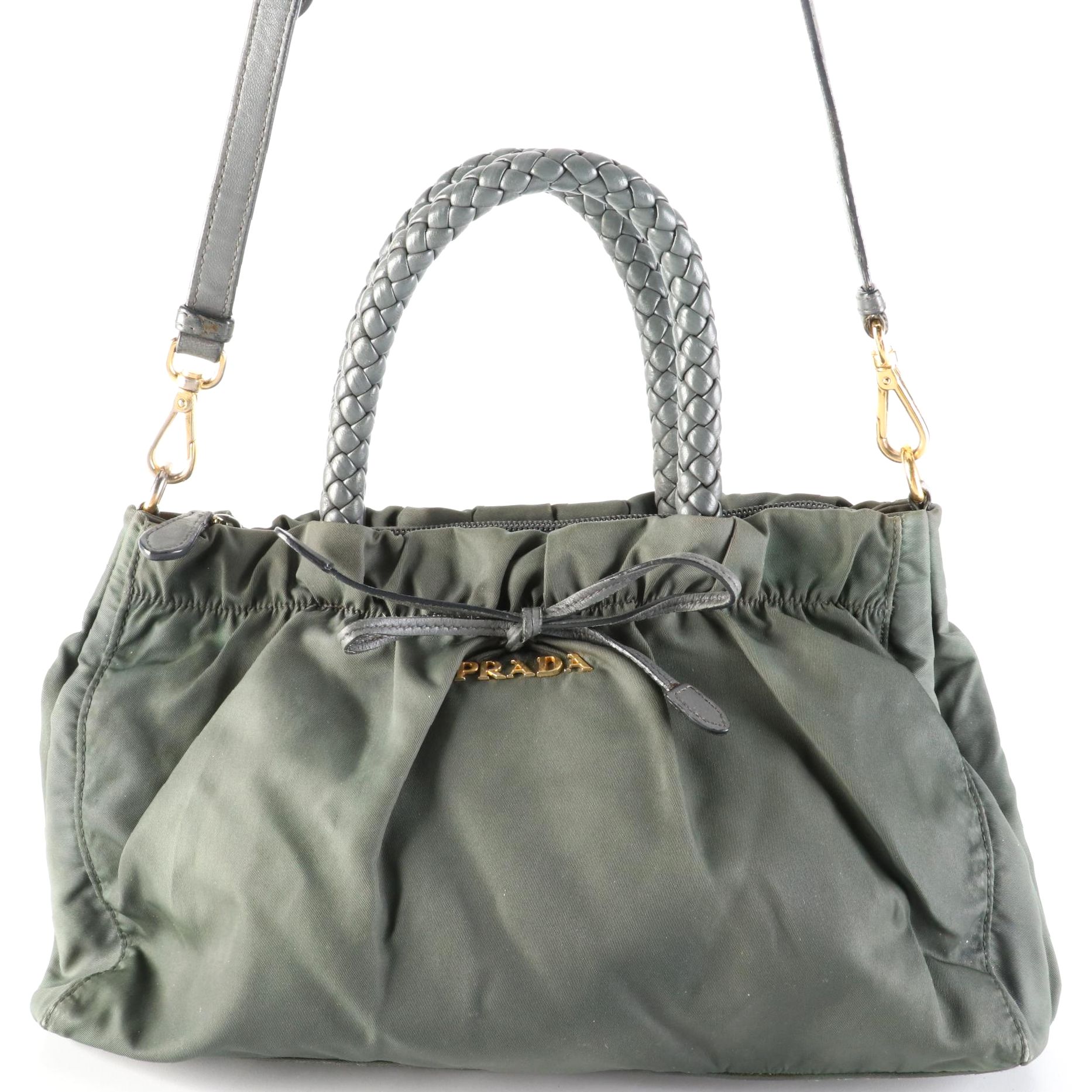 Prada Ruched Nylon Tessuto and Leather Two-Way Tote