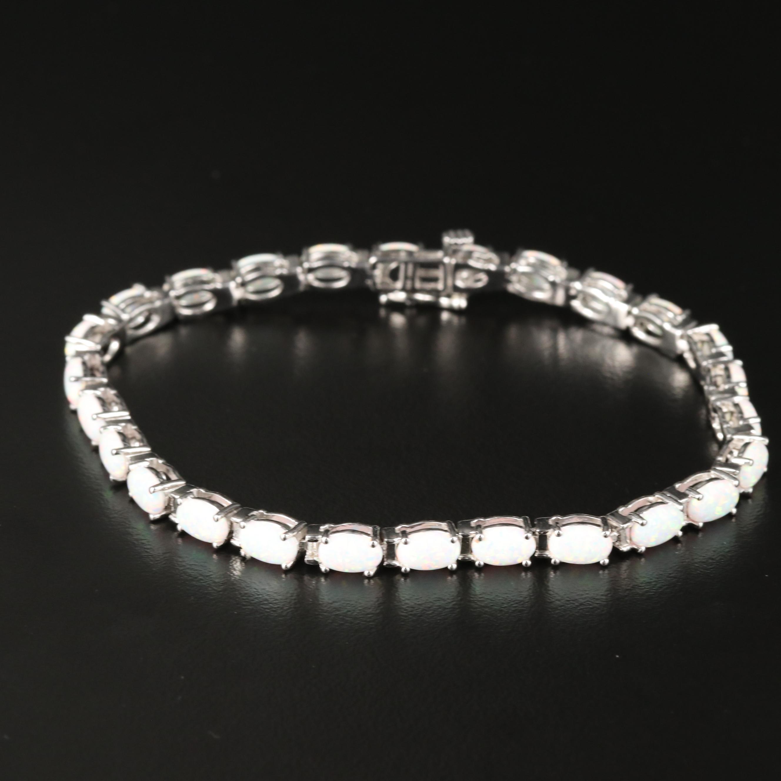 Sterling Opal Line Bracelet with Diamond Accent