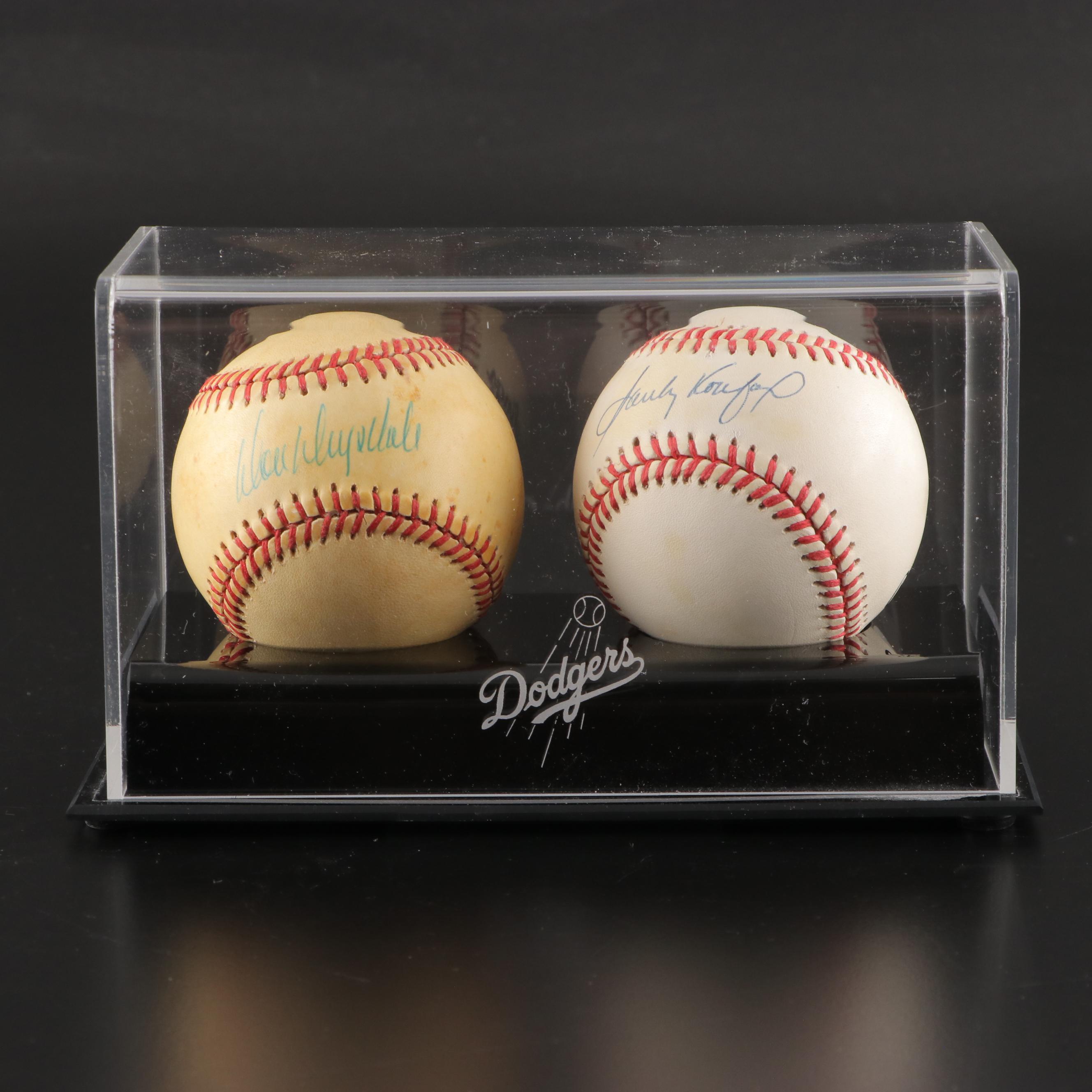 Sandy Koufax and Don Drysdale Signed Baseballs in Dodgers Display Case