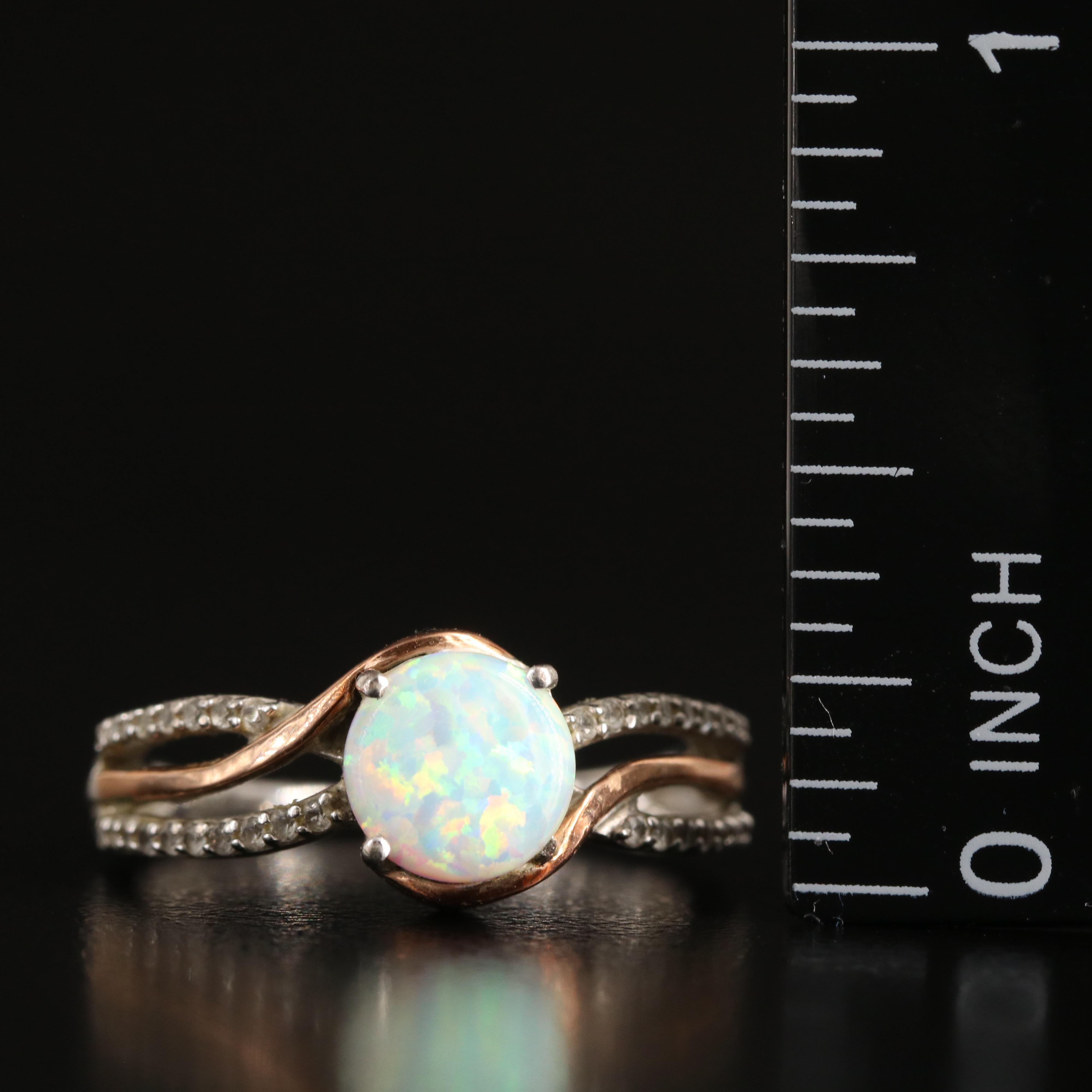 Sterling Opal and White Sapphire Ring with 10K Rose Gold Accent
