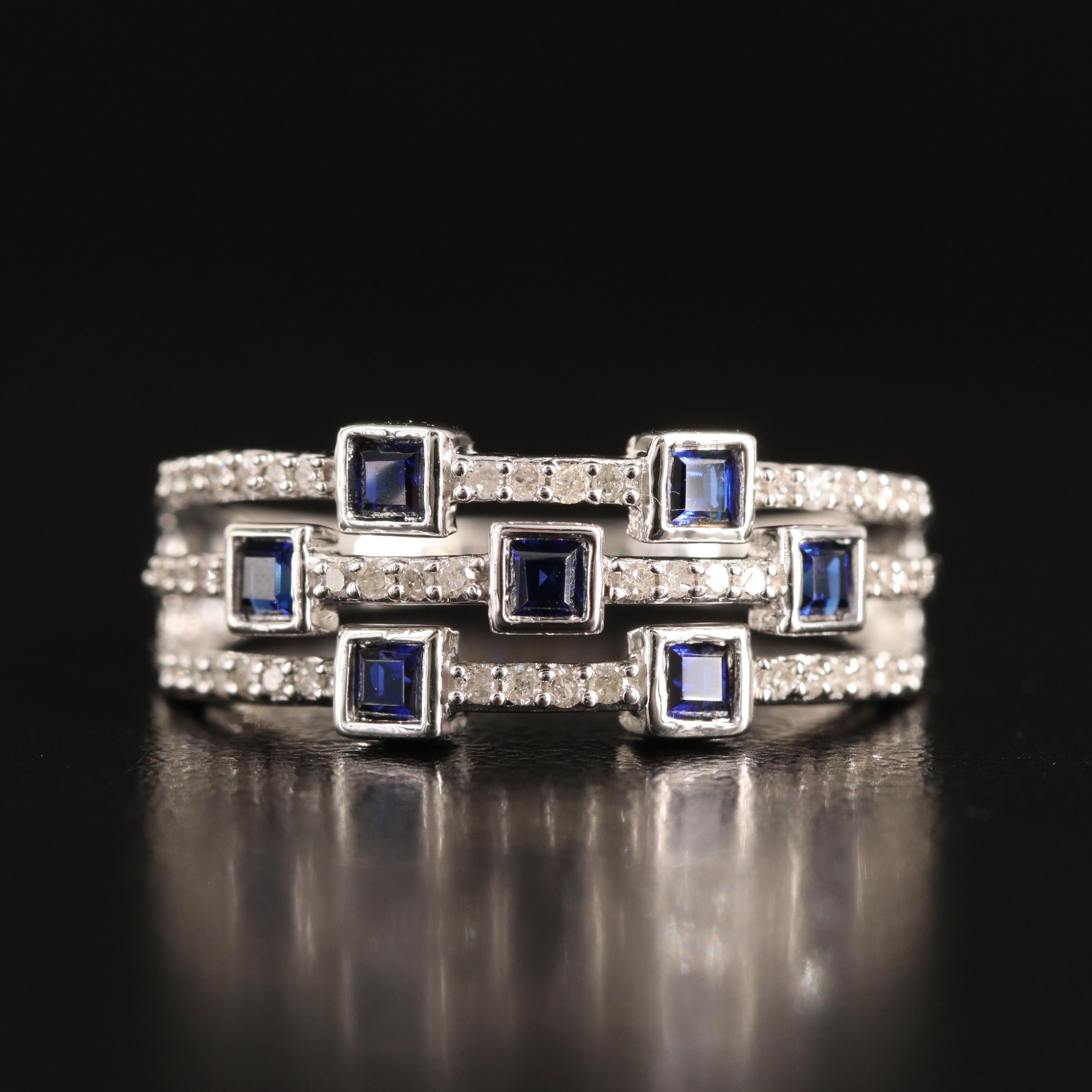 Sterling Sapphire and Diamond Multi-Row Band