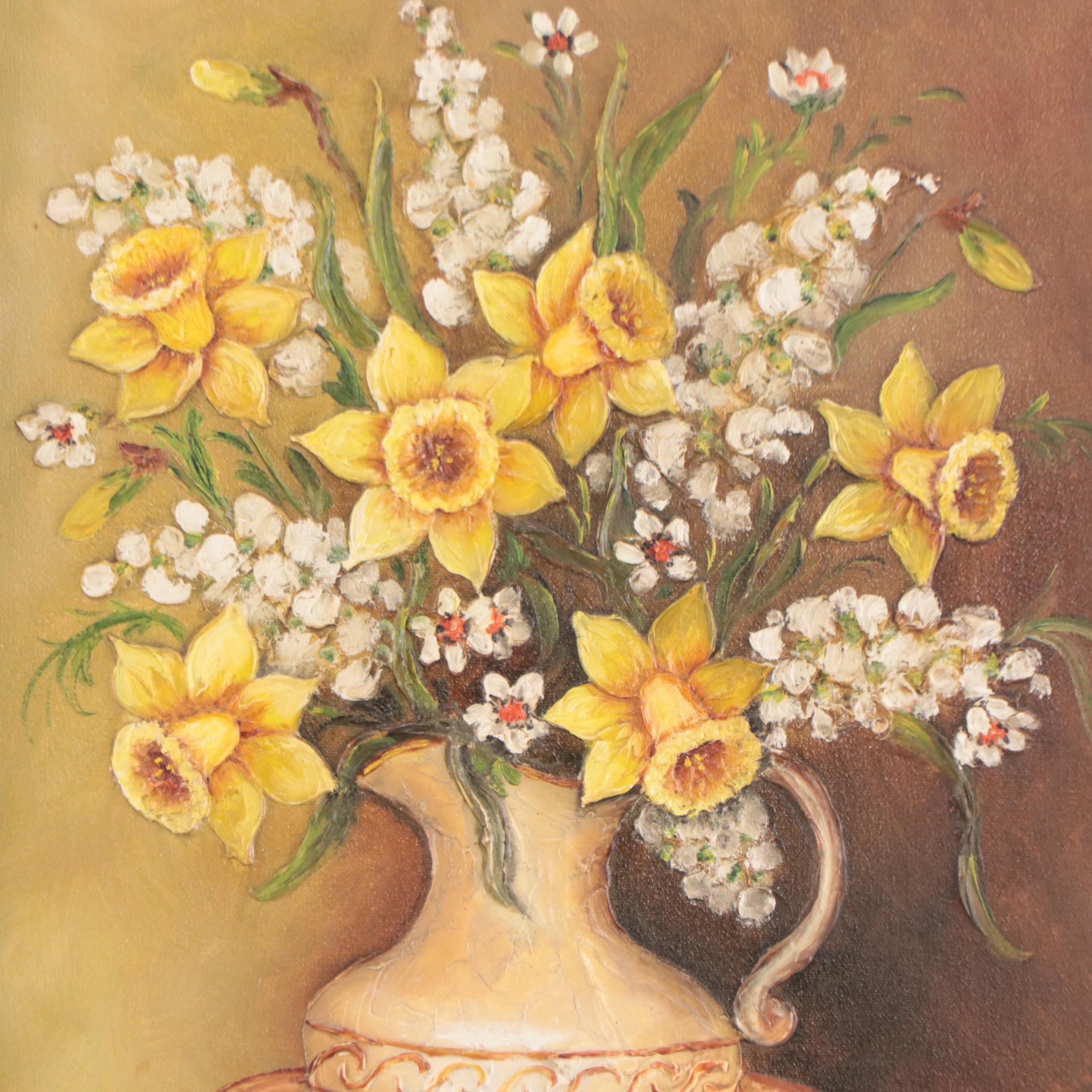 Kathy Dunn Mixed Media Painting of Still Life With Daffodils, Circa 1960
