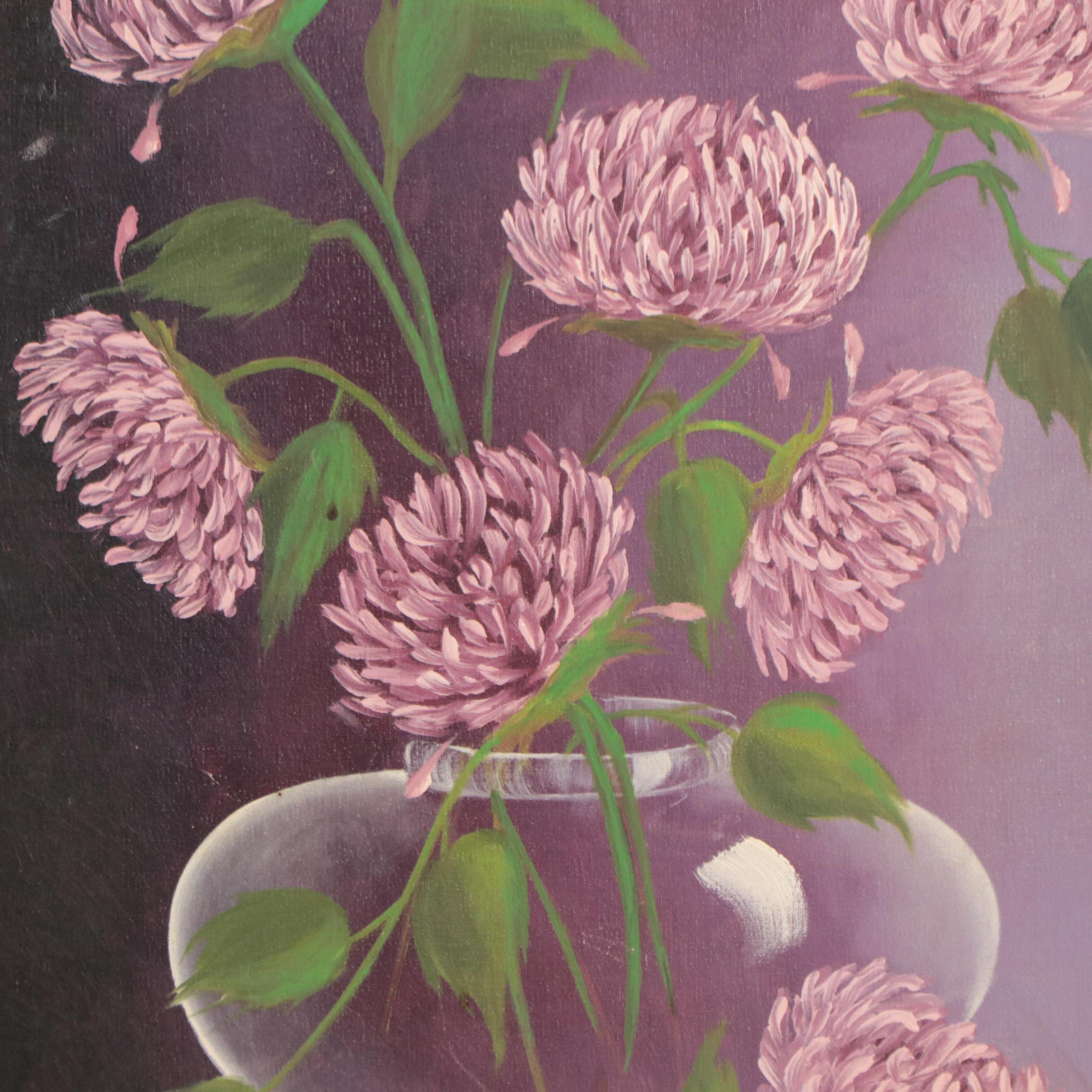 M. Recher Still Life Oil Painting of Chrysanthemums in Clear Vase, Circa 1968