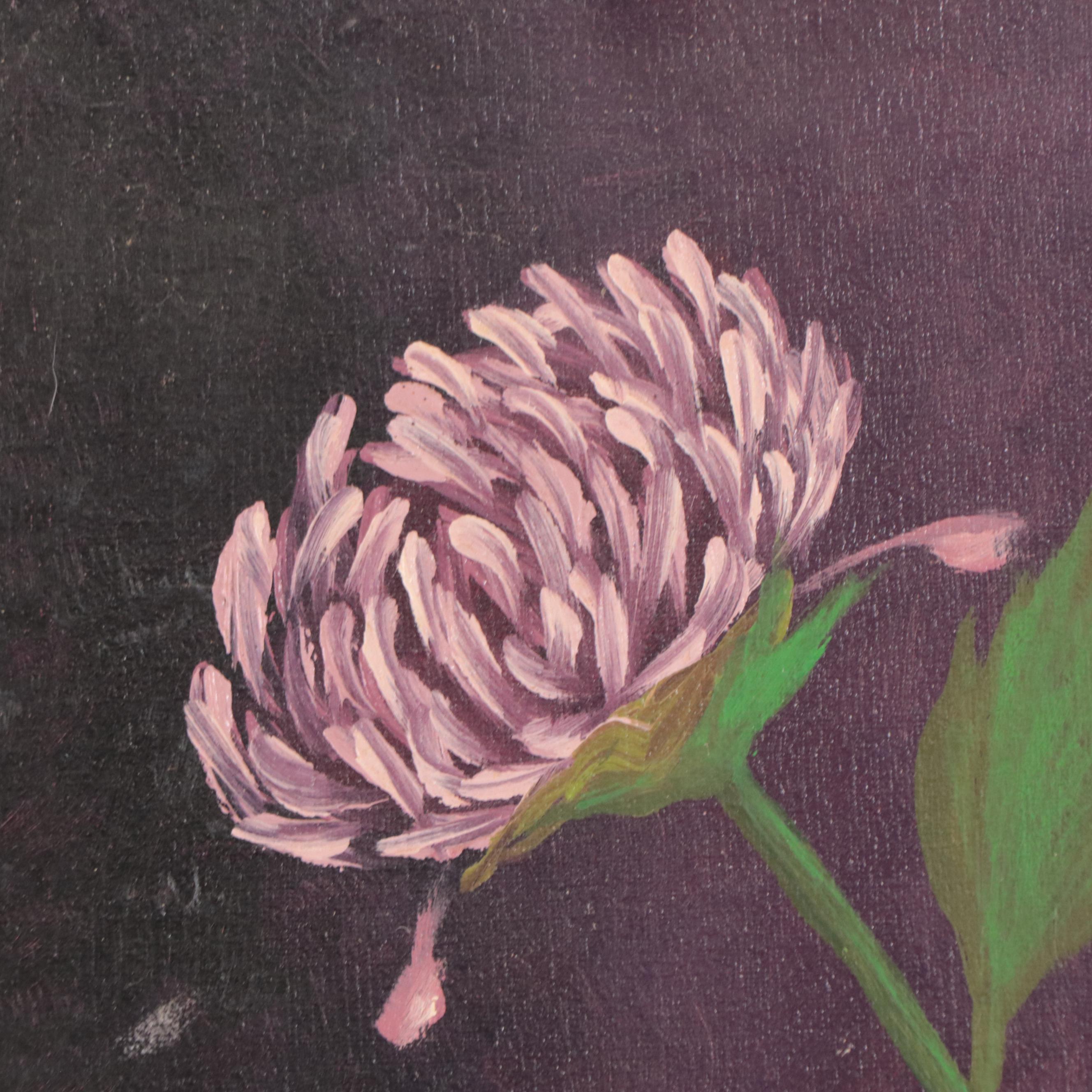 M. Recher Still Life Oil Painting of Chrysanthemums in Clear Vase, Circa 1968