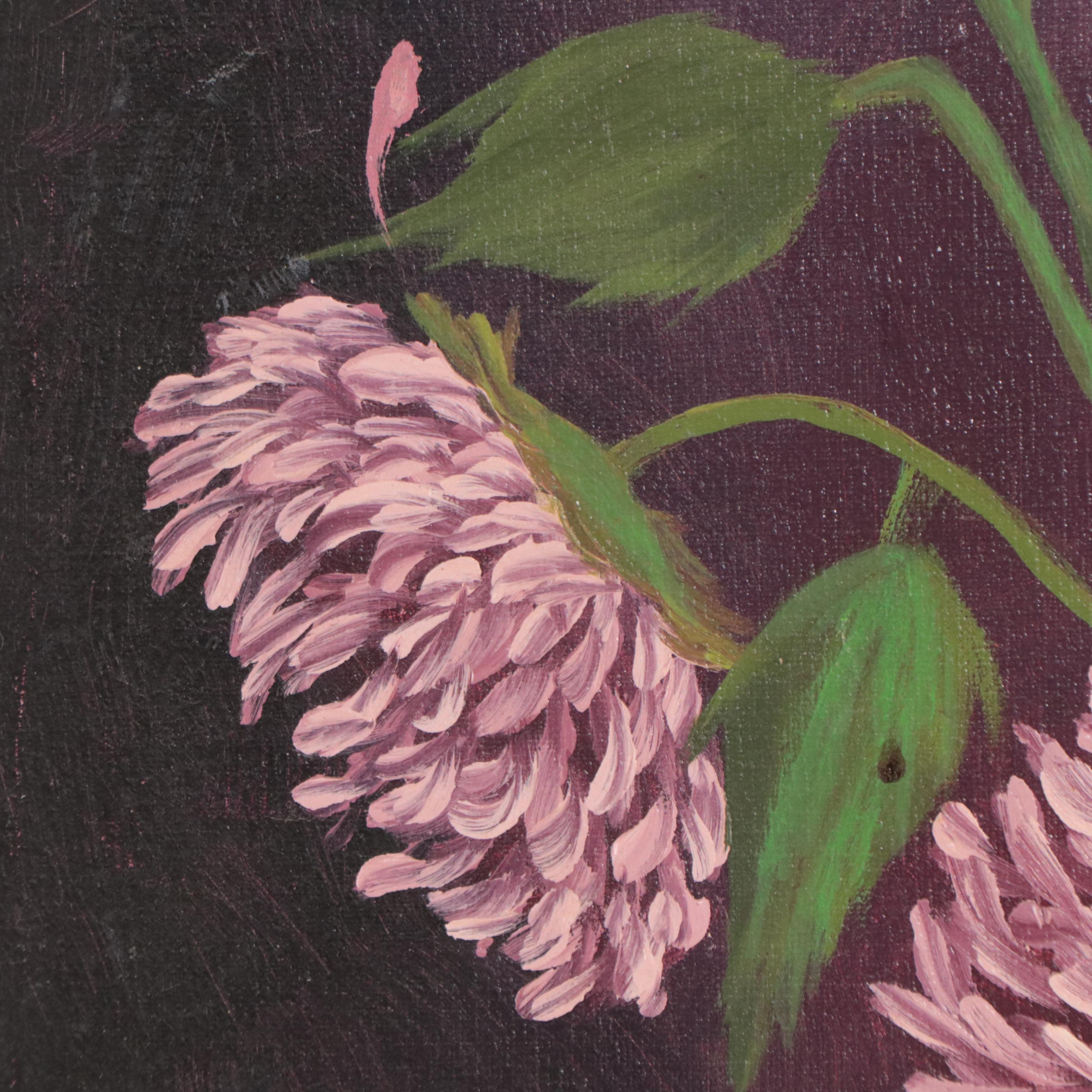 M. Recher Still Life Oil Painting of Chrysanthemums in Clear Vase, Circa 1968