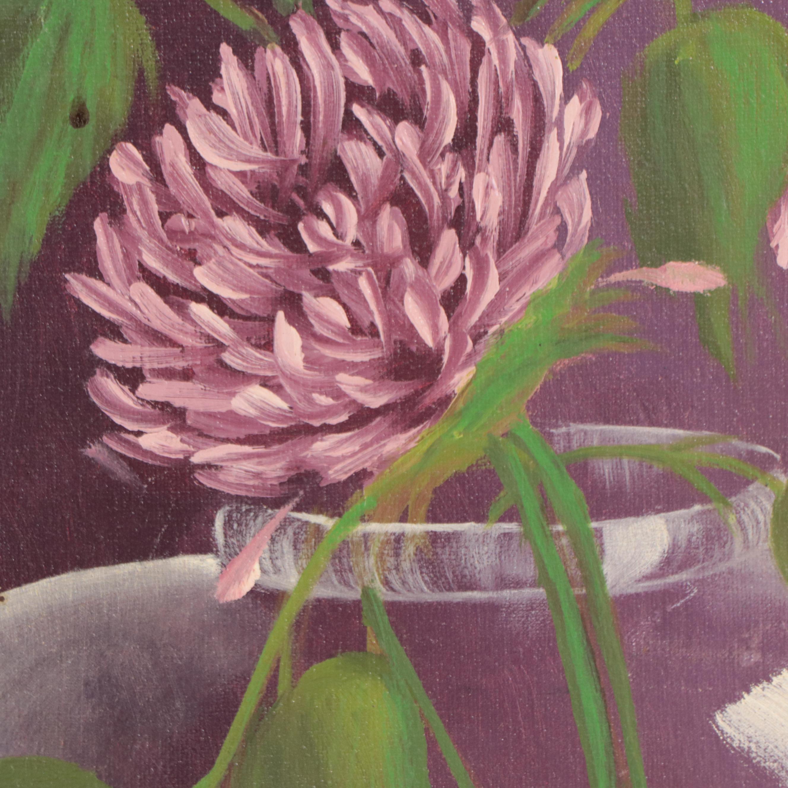 M. Recher Still Life Oil Painting of Chrysanthemums in Clear Vase, Circa 1968