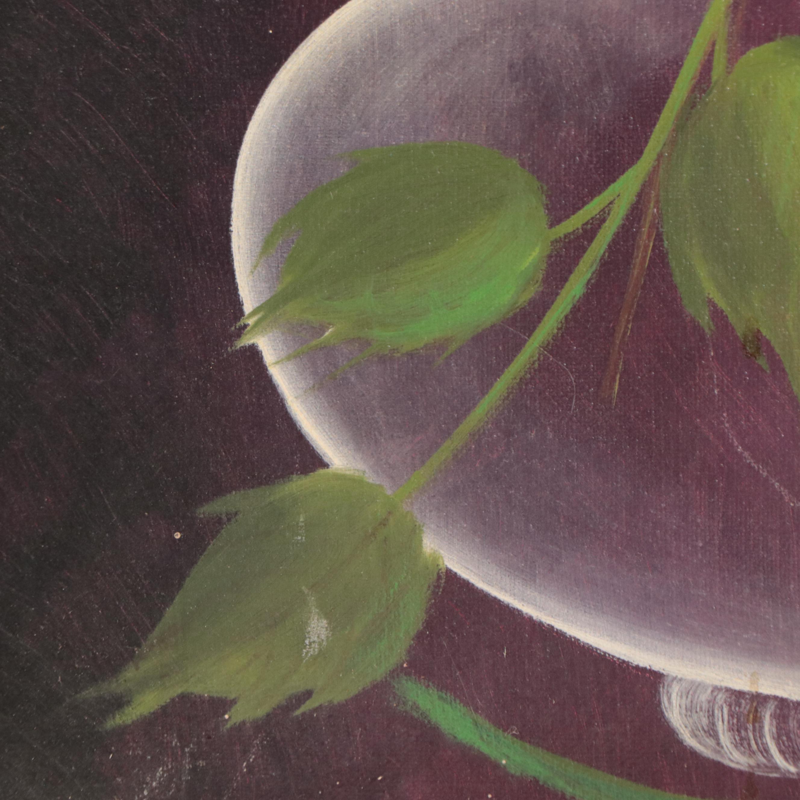 M. Recher Still Life Oil Painting of Chrysanthemums in Clear Vase, Circa 1968